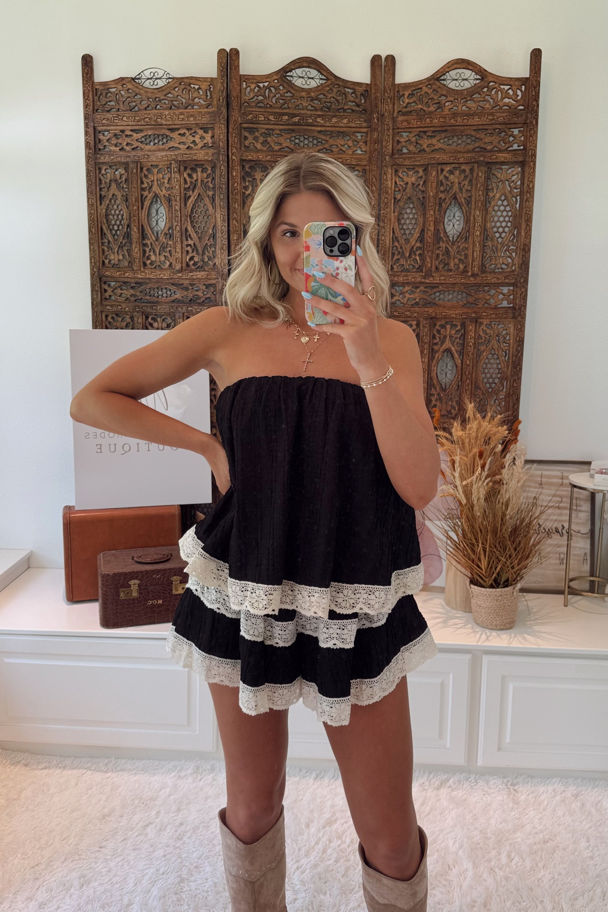 Thoughts of You Lace Tube Romper- Black