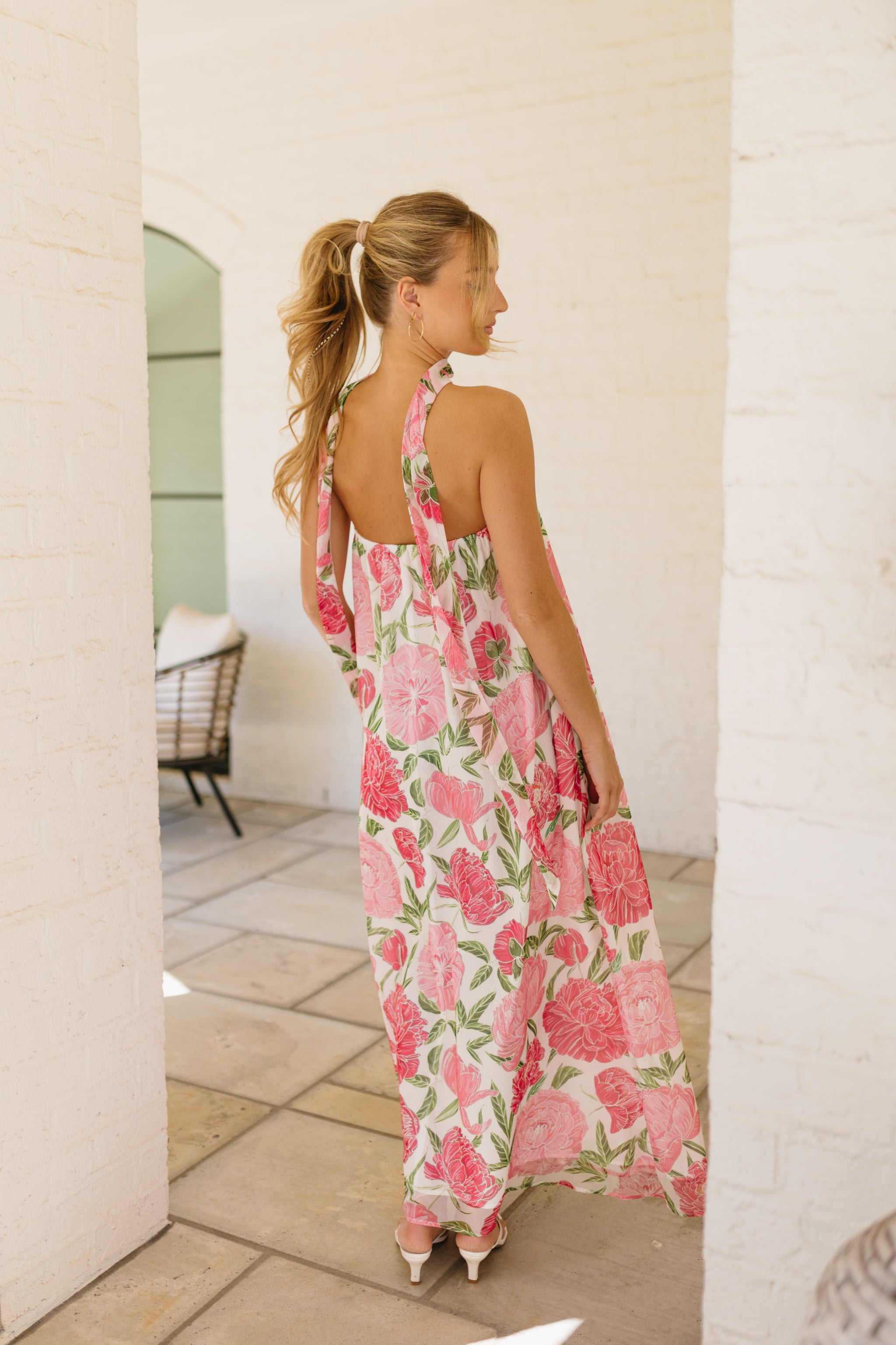 Strapless Floral Halter Maxi Dress