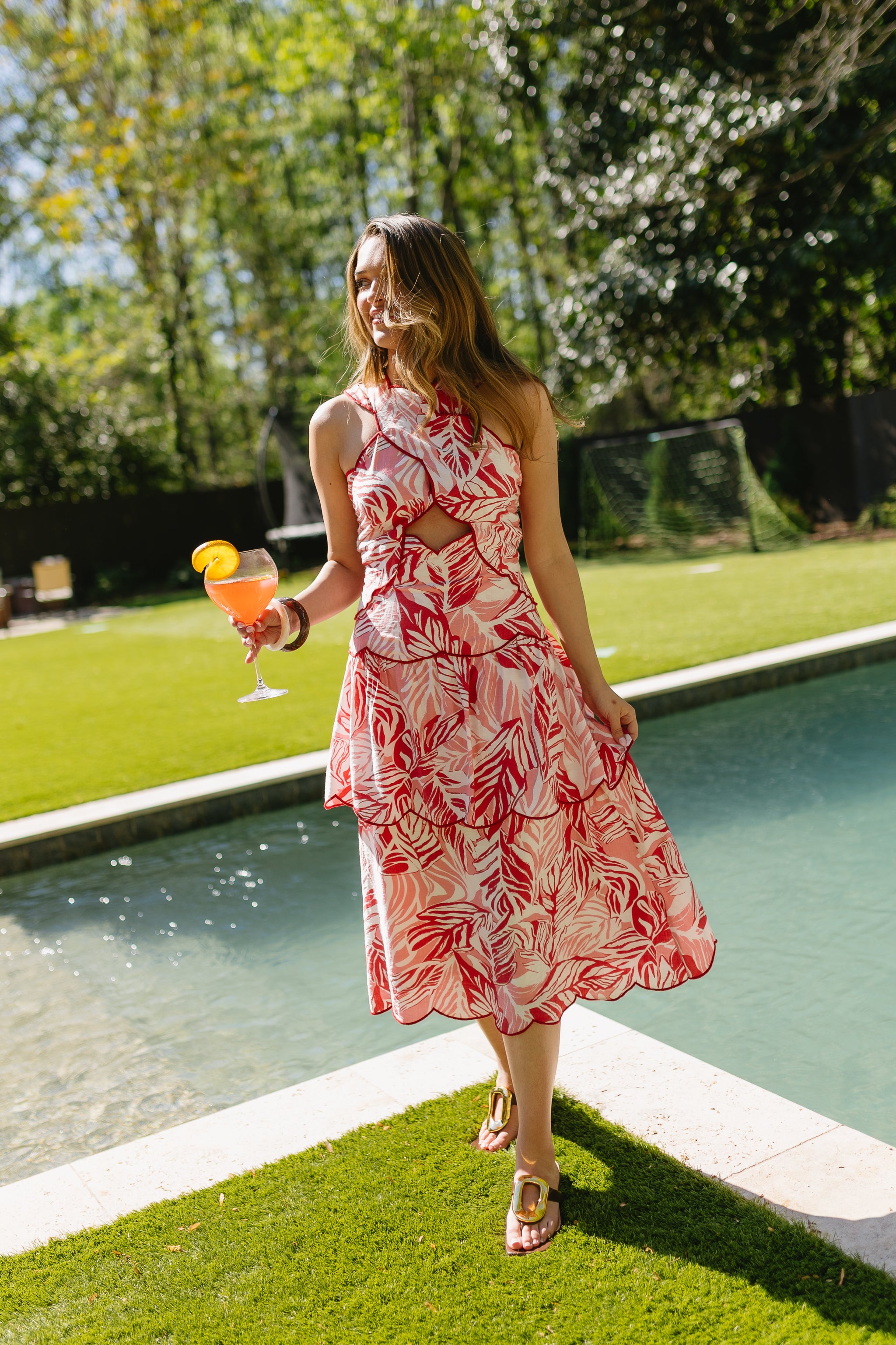 Red Leaf Print Halter Tiered Midi Dress