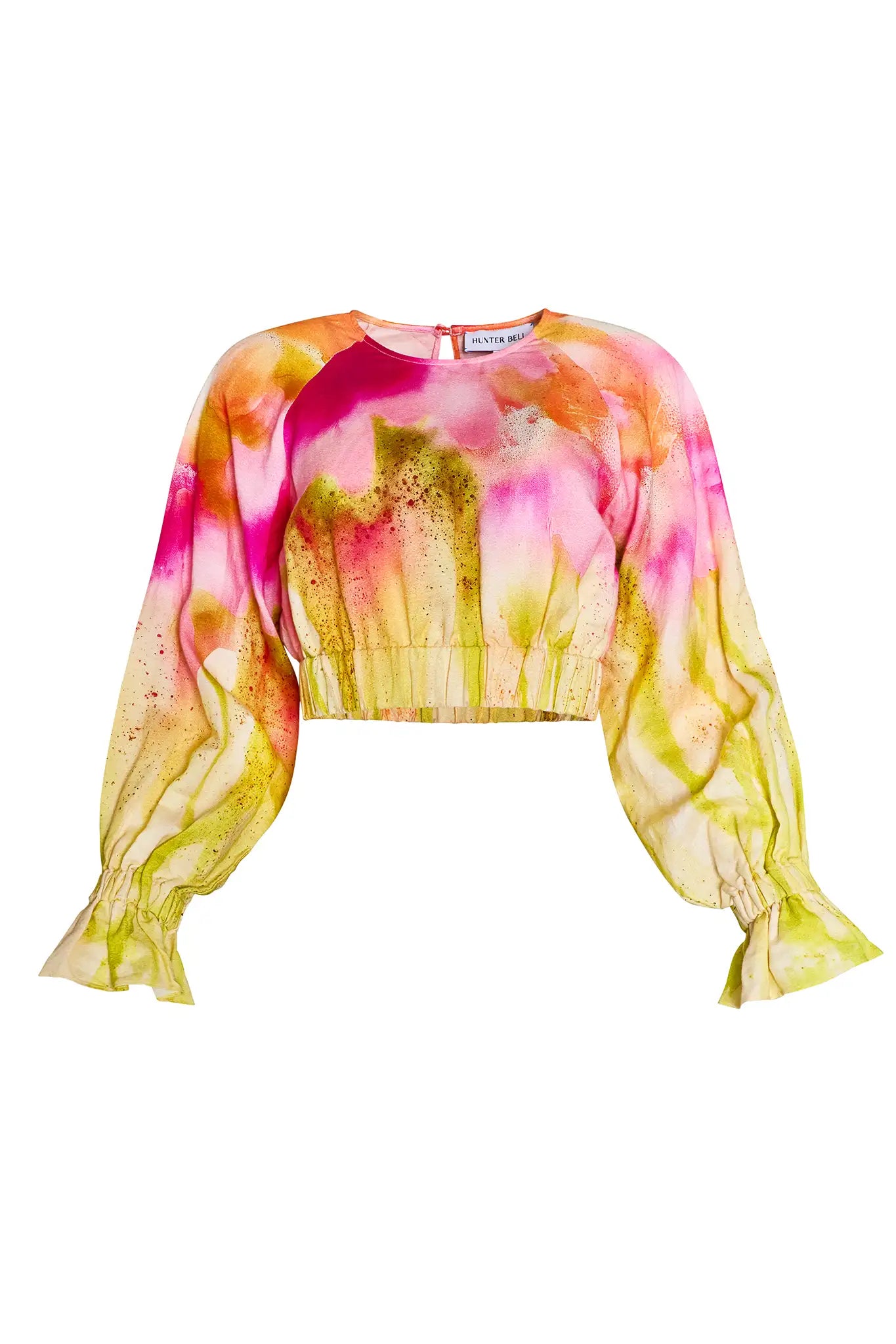 Watercolor Print Puff Sleeve Crop Top
