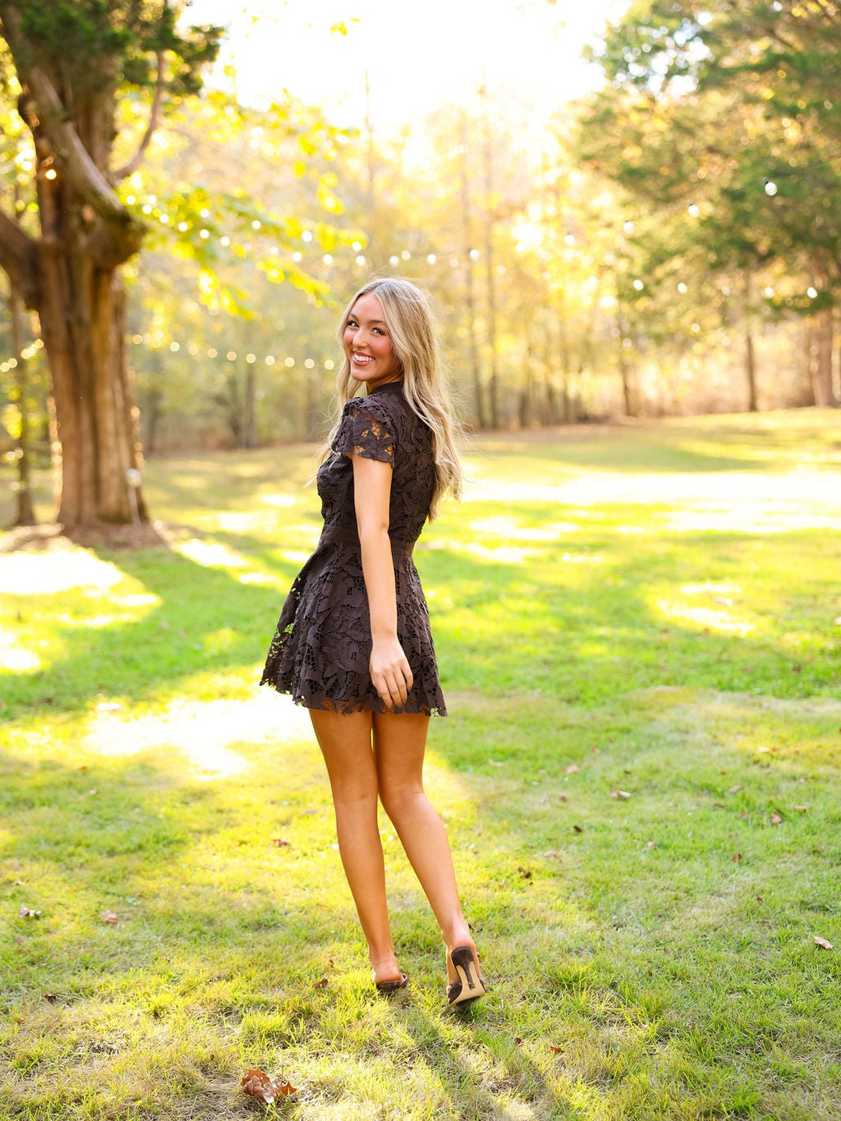 LACE CAP SLEEVE HIGH NECK MINI DRESS