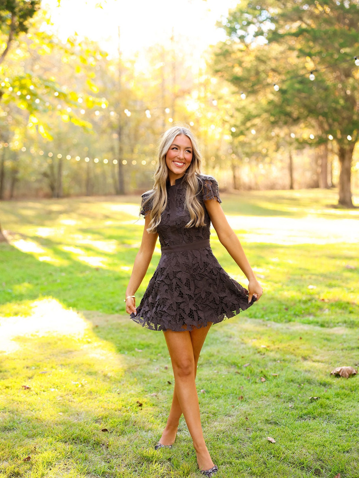 LACE CAP SLEEVE HIGH NECK MINI DRESS