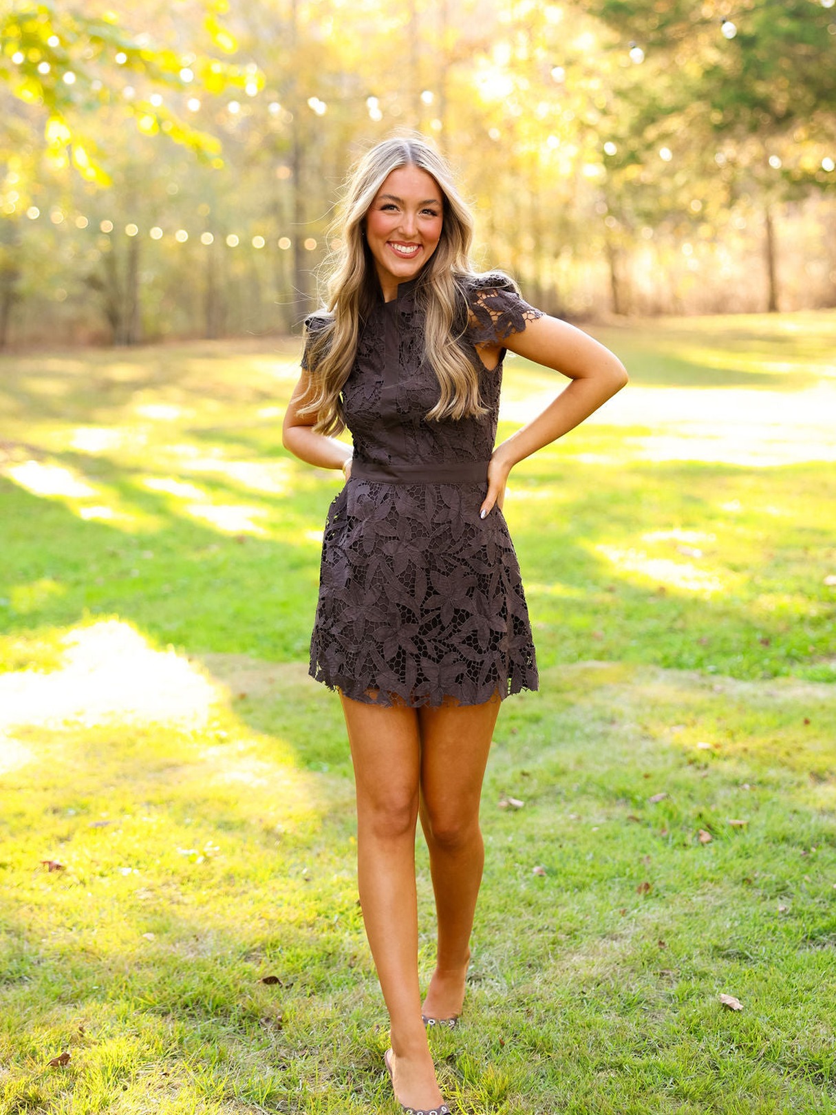 LACE CAP SLEEVE HIGH NECK MINI DRESS