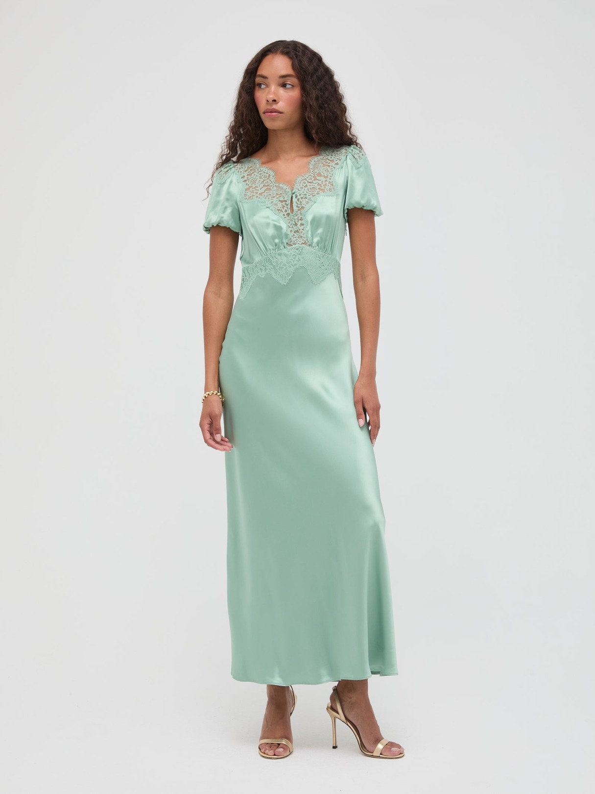 LACE YOKE SATIN PUFF SLEEVE MIDI DRESS