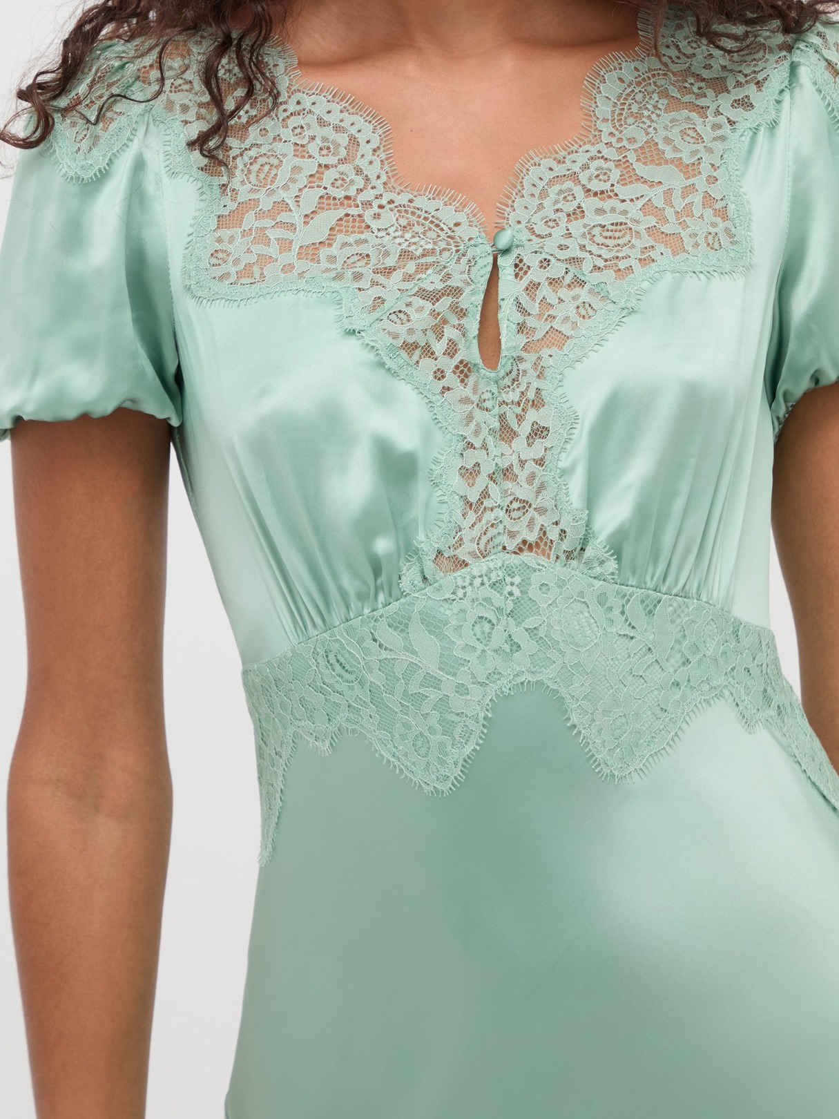 LACE YOKE SATIN PUFF SLEEVE MIDI DRESS