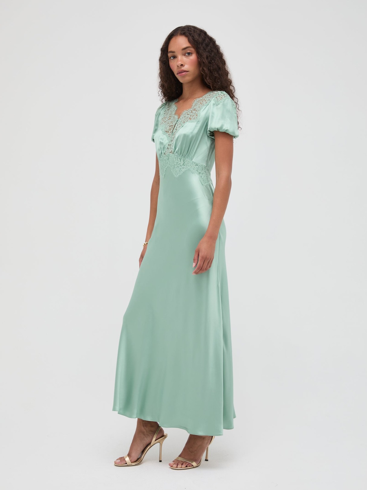 LACE YOKE SATIN PUFF SLEEVE MIDI DRESS