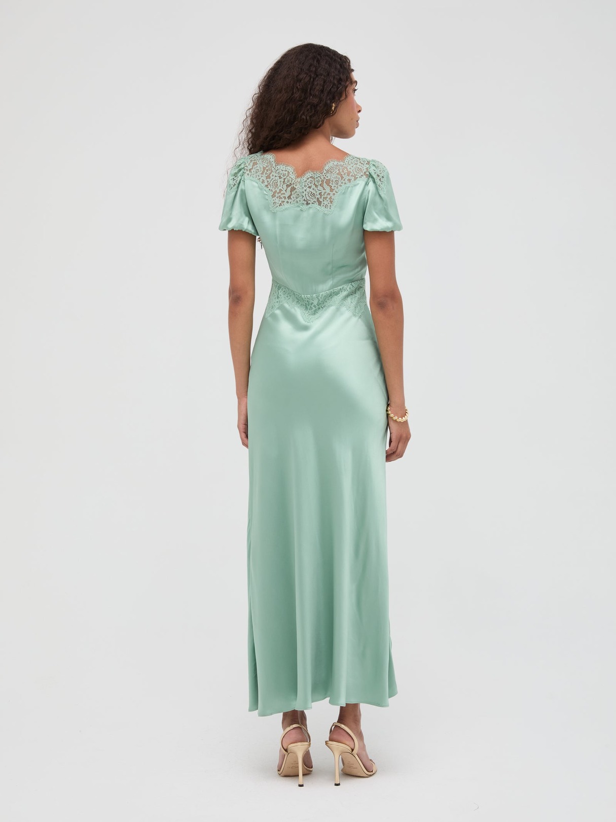 LACE YOKE SATIN PUFF SLEEVE MIDI DRESS