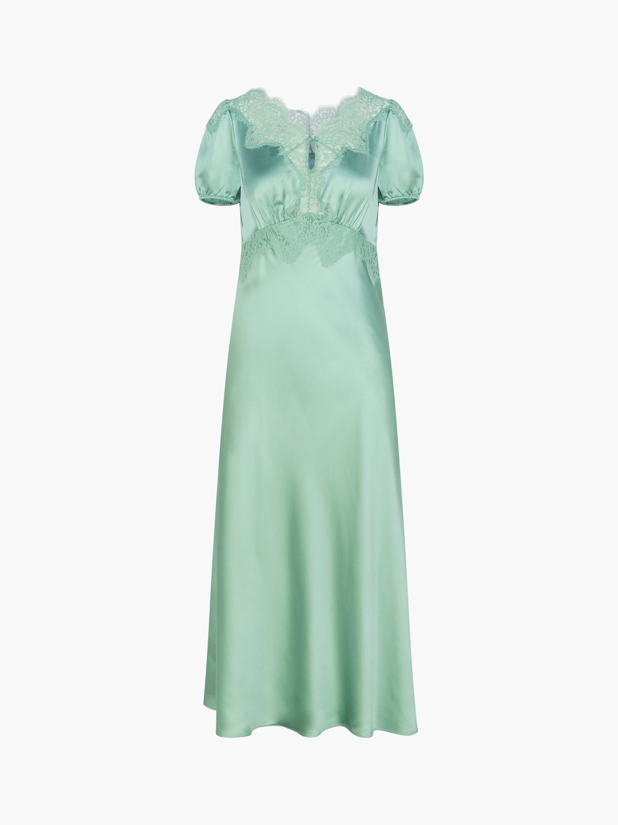 LACE YOKE SATIN PUFF SLEEVE MIDI DRESS