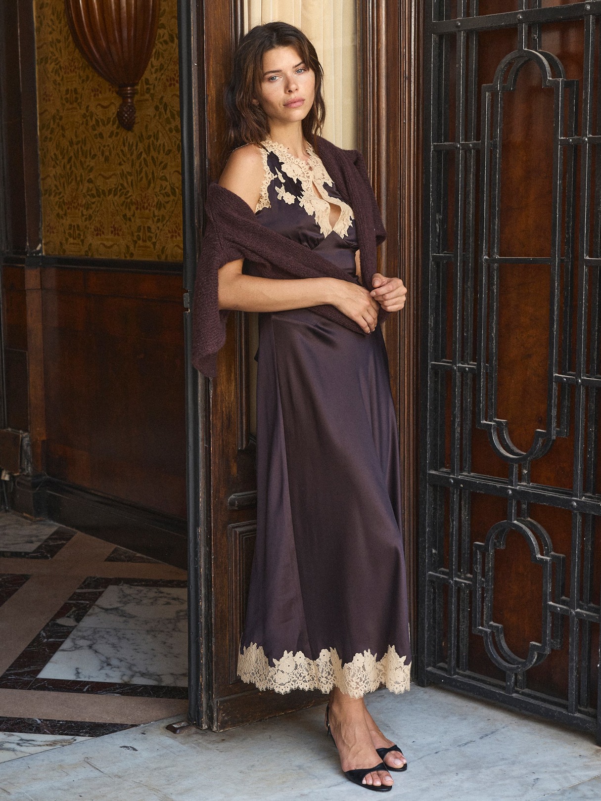 LACE TRIM SILK SATIN MIDI DRESS
