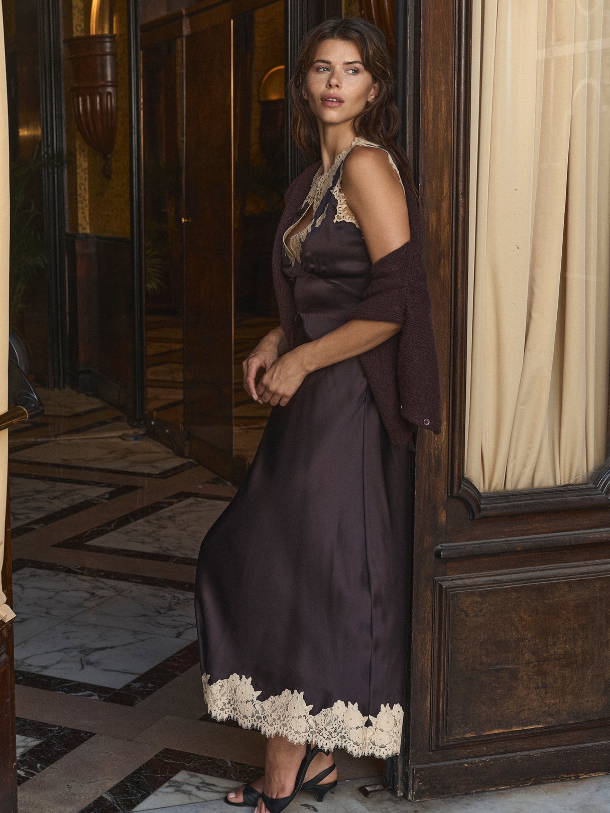LACE TRIM SILK SATIN MIDI DRESS