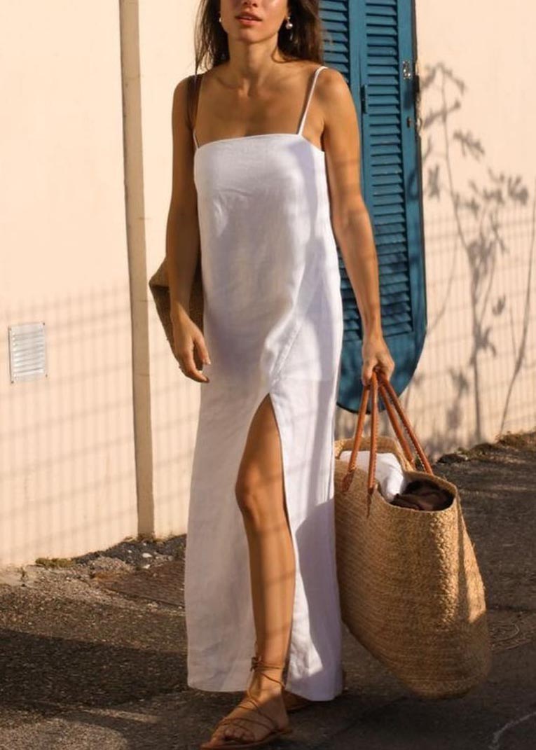 Solid color slit suspender dress