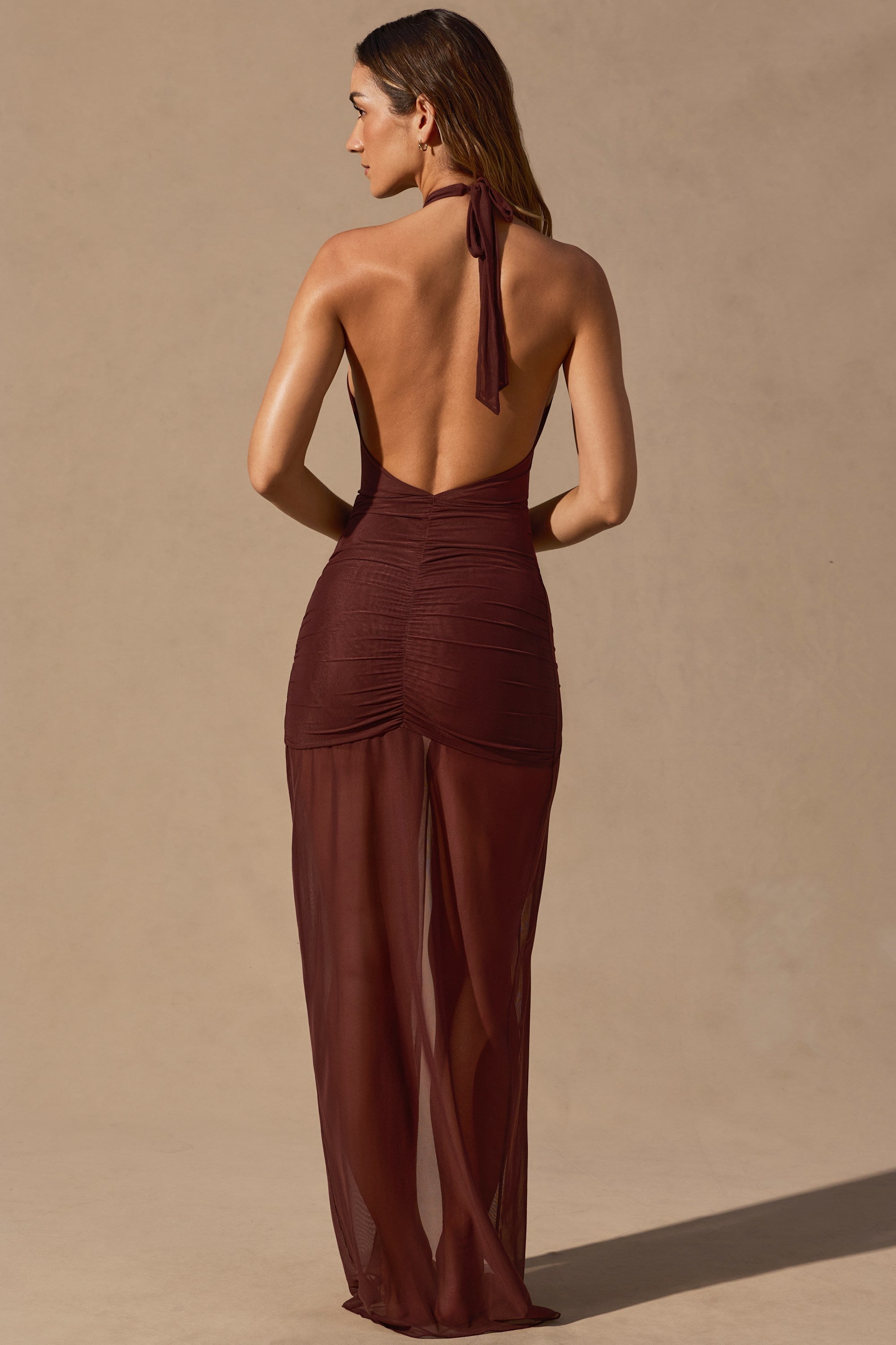 Cut-Out Halterneck Maxi Dress in Espresso Brown