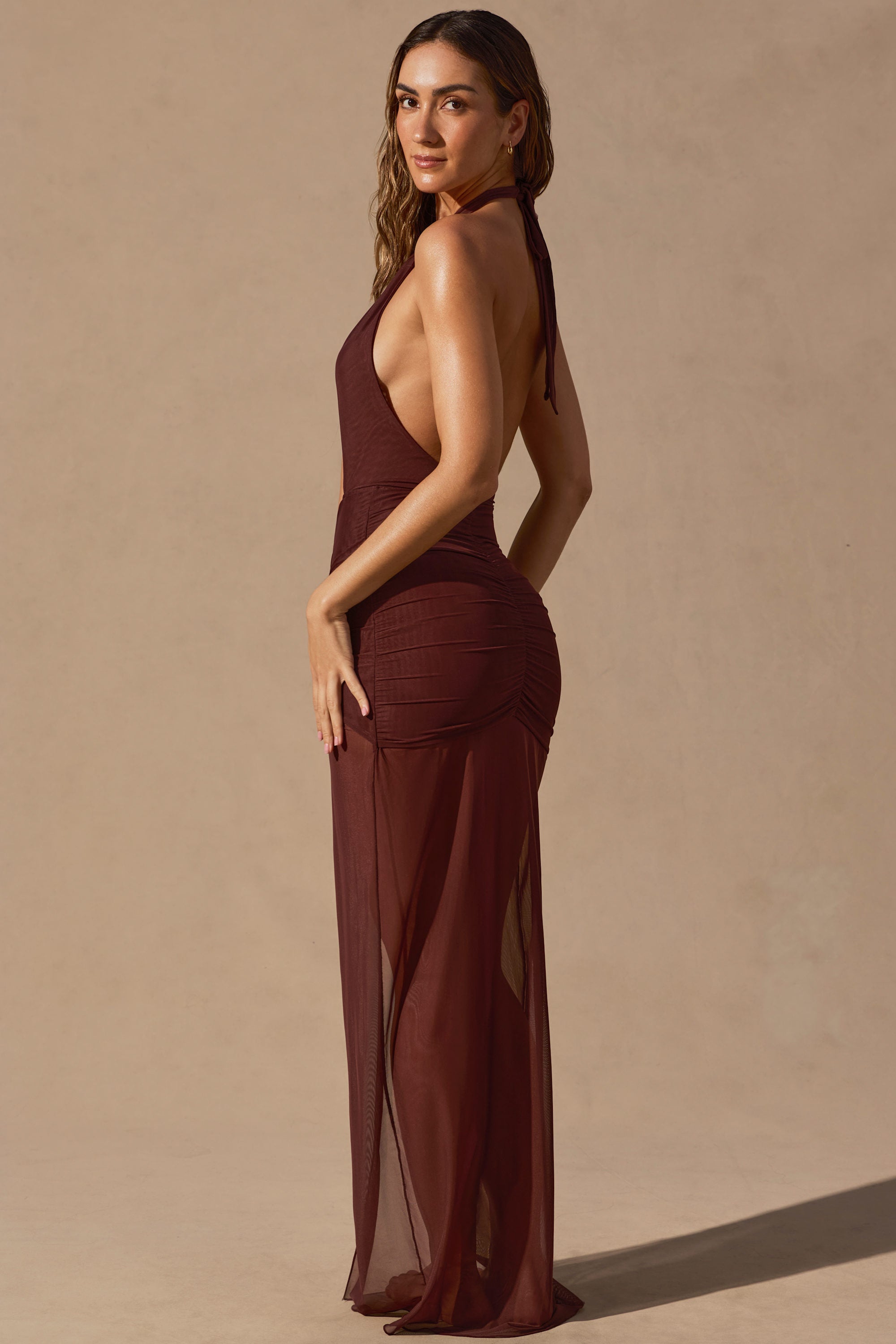 Cut-Out Halterneck Maxi Dress in Espresso Brown