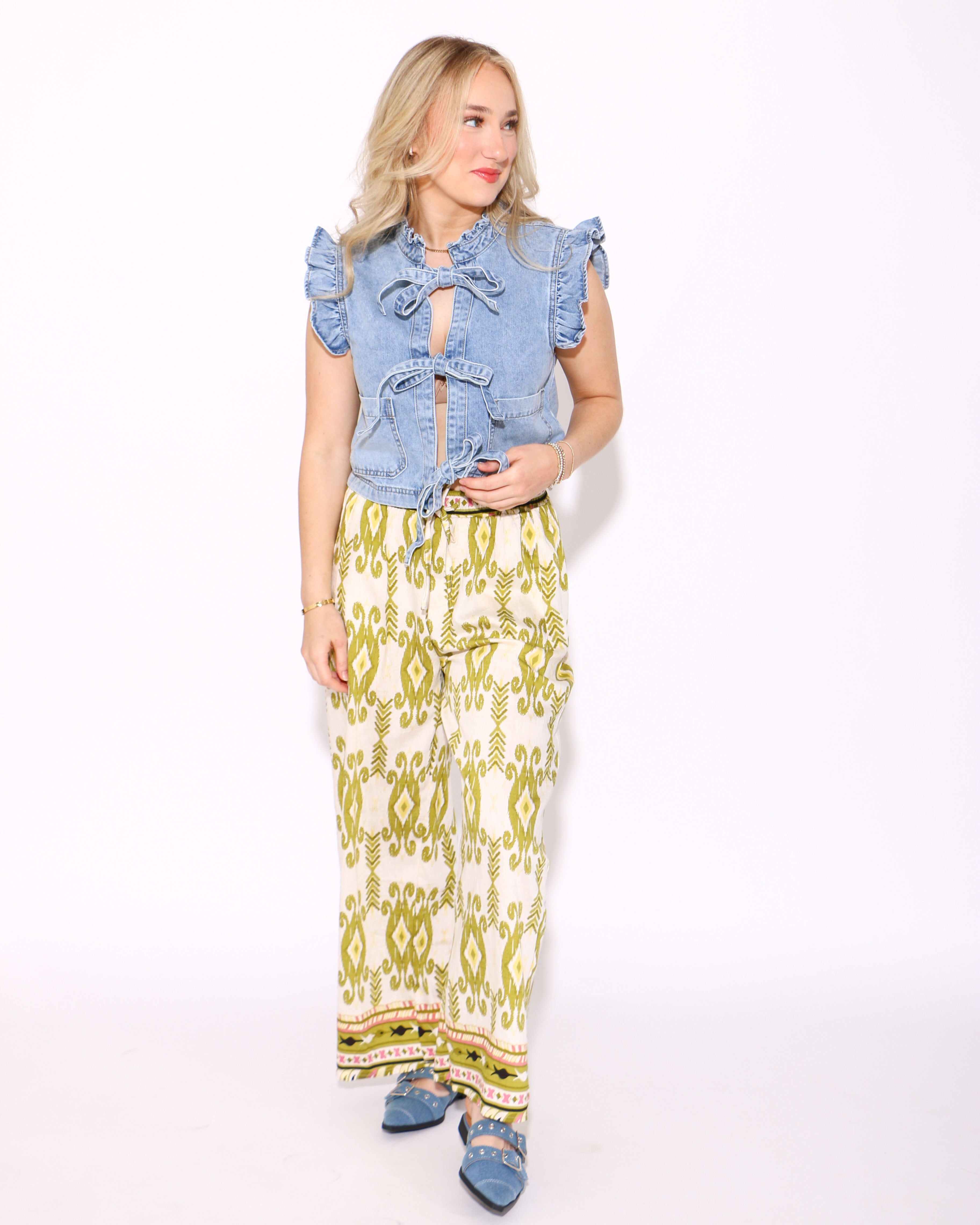 Ruffle and Tie Denim Frill Top