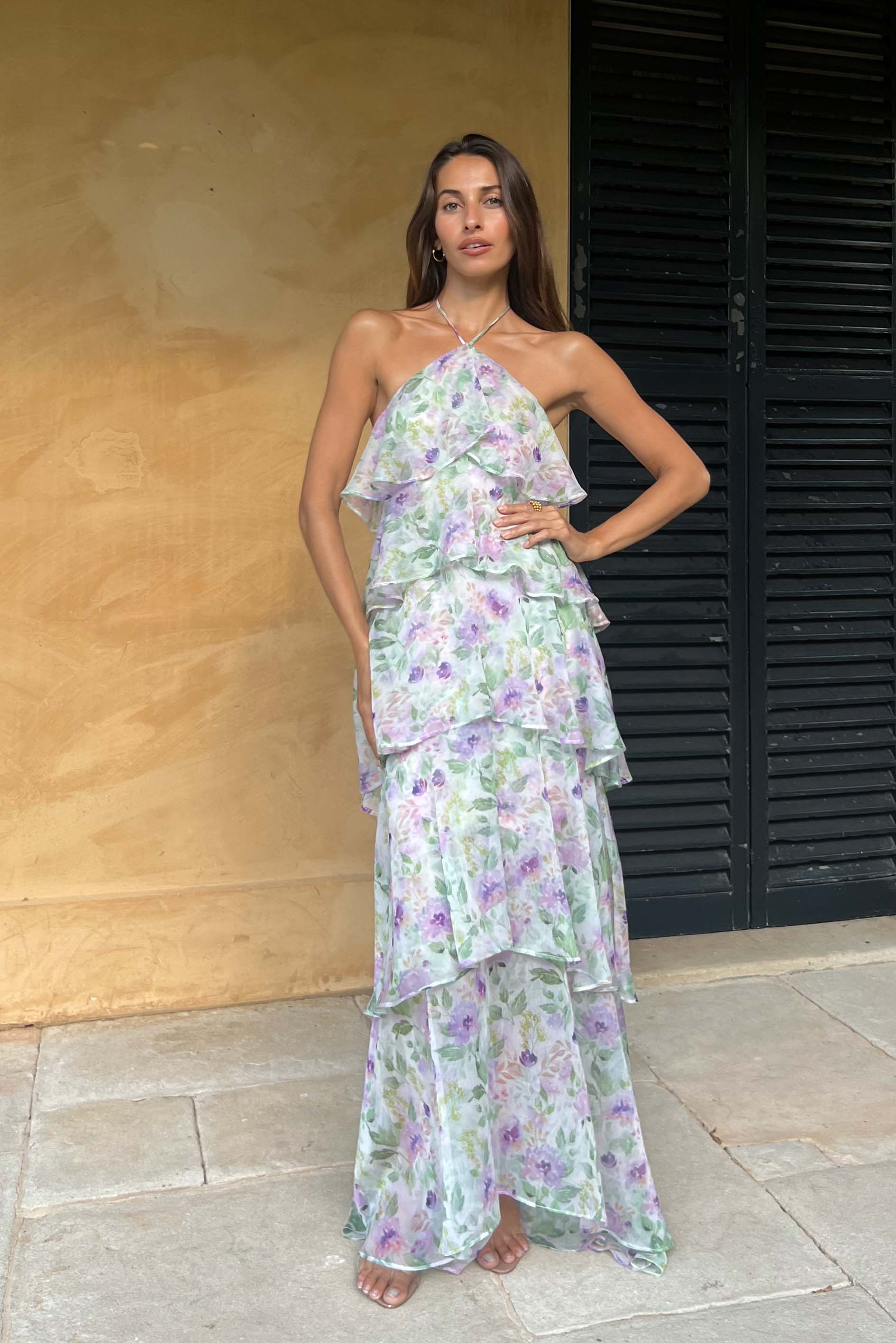 Pastel Watercolor Floral Tiered Halter Maxi Dress