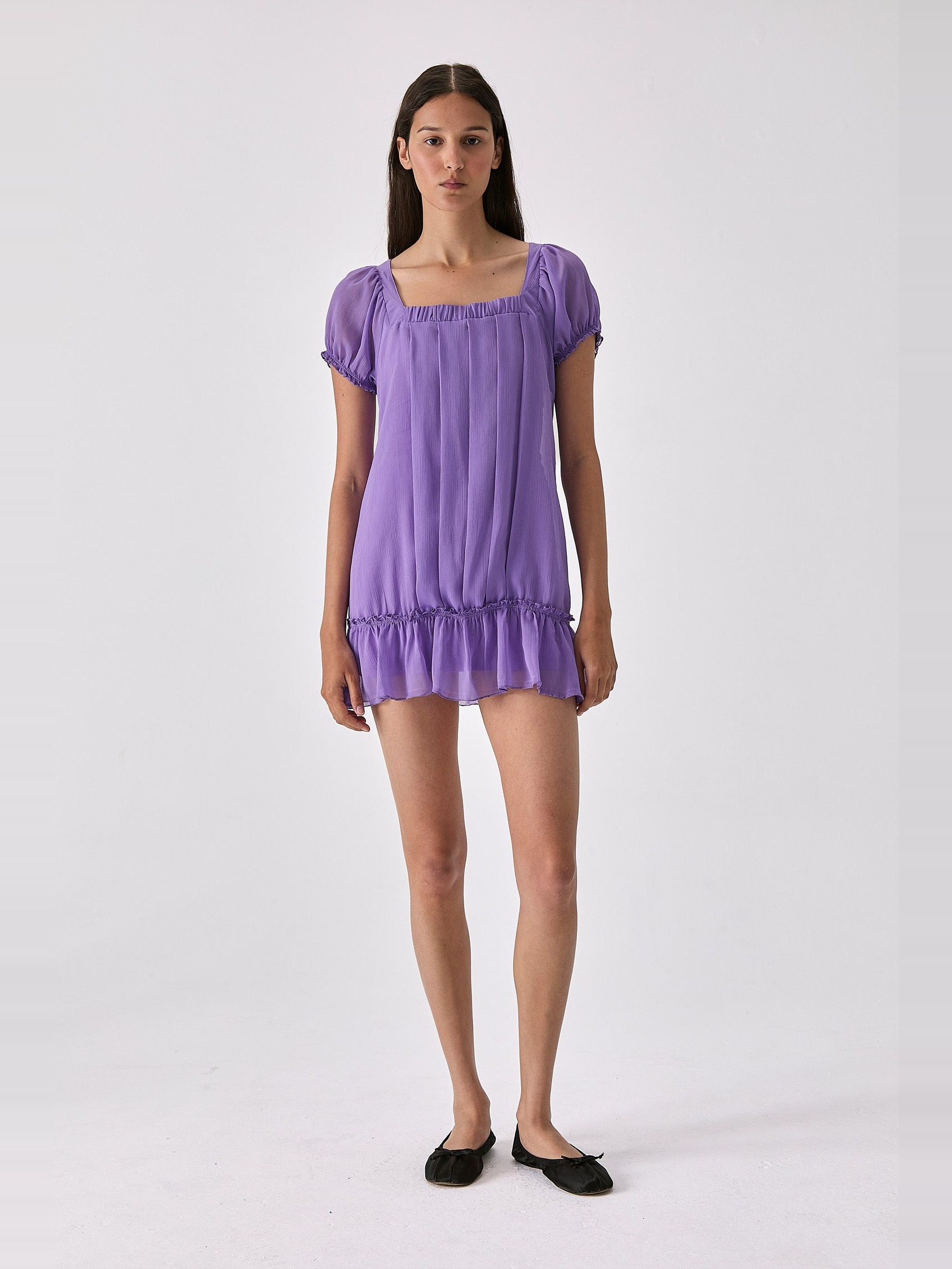 PLEATED SEMI-SHEER PUFF SLEEVE MINI DRESS 