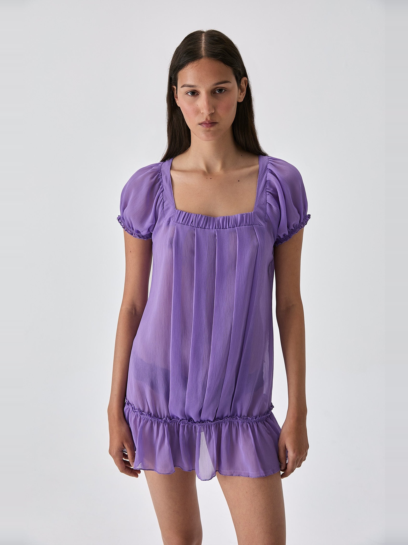 PLEATED SEMI-SHEER PUFF SLEEVE MINI DRESS 