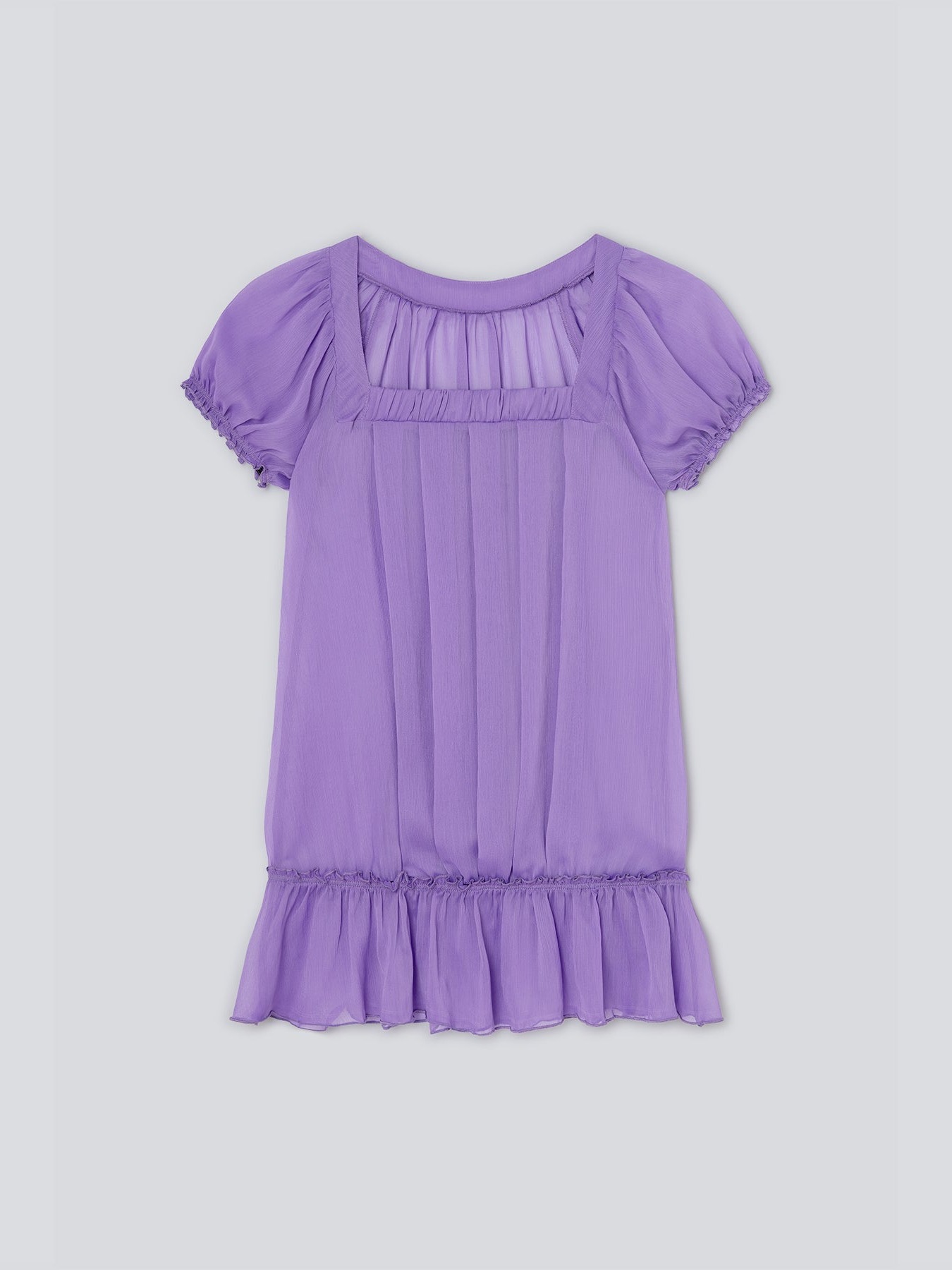 PLEATED SEMI-SHEER PUFF SLEEVE MINI DRESS 