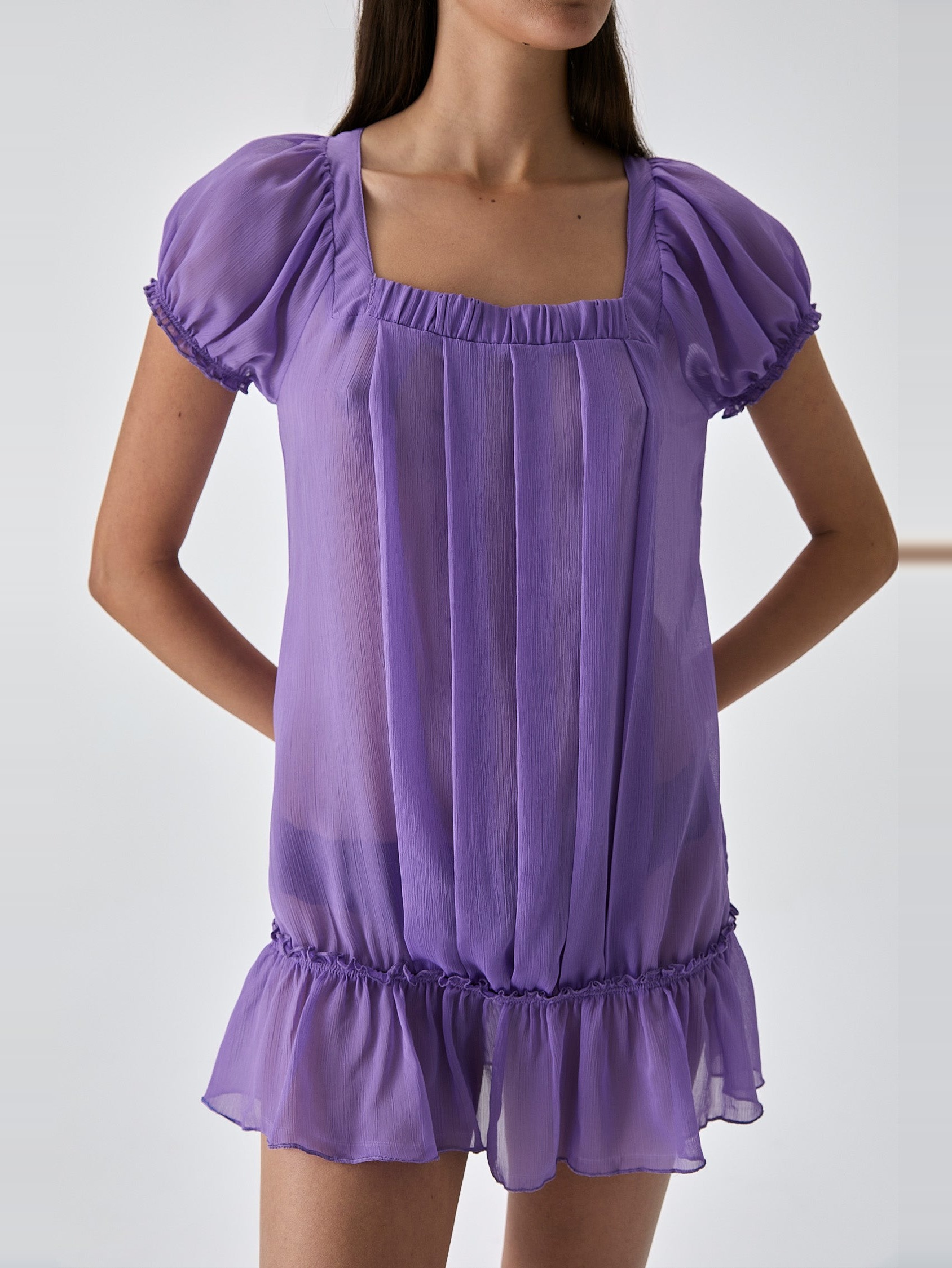 PLEATED SEMI-SHEER PUFF SLEEVE MINI DRESS 