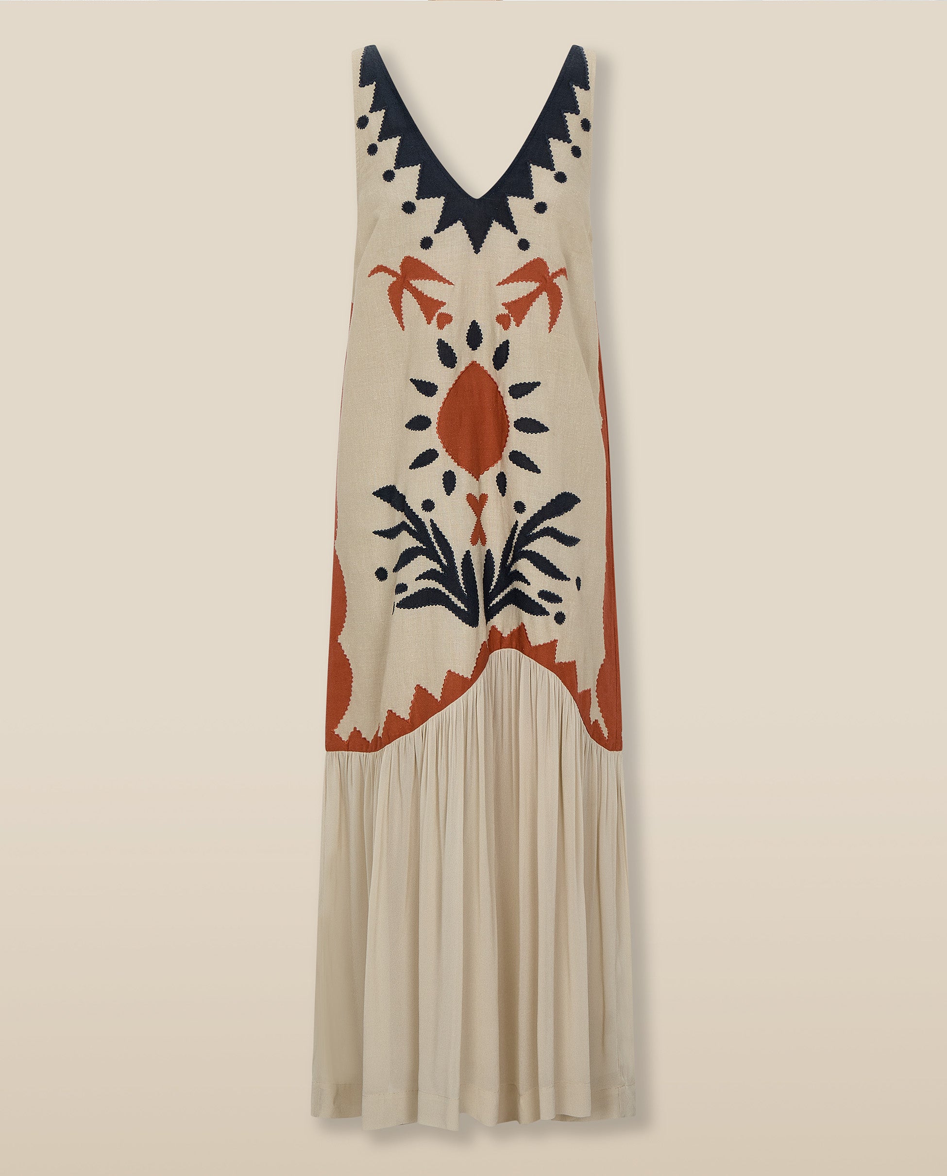 HELEN | Ecru Cotton-Linen Embroidered Drop Waist Midi Dress