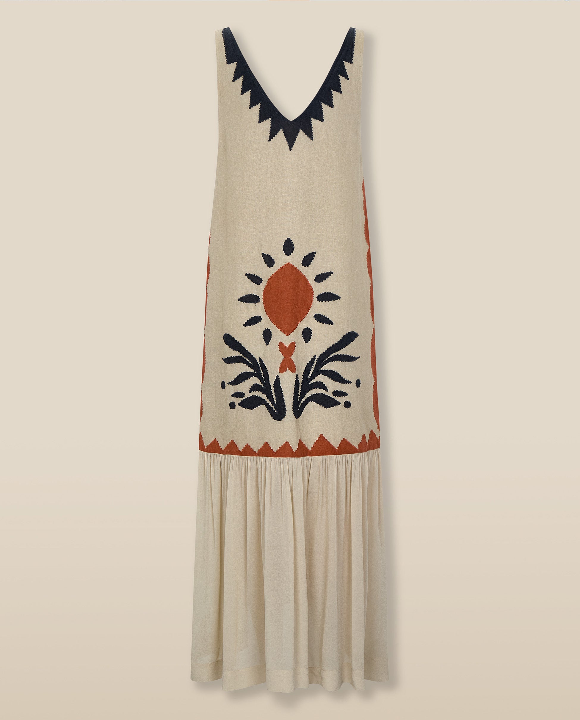 HELEN | Ecru Cotton-Linen Embroidered Drop Waist Midi Dress