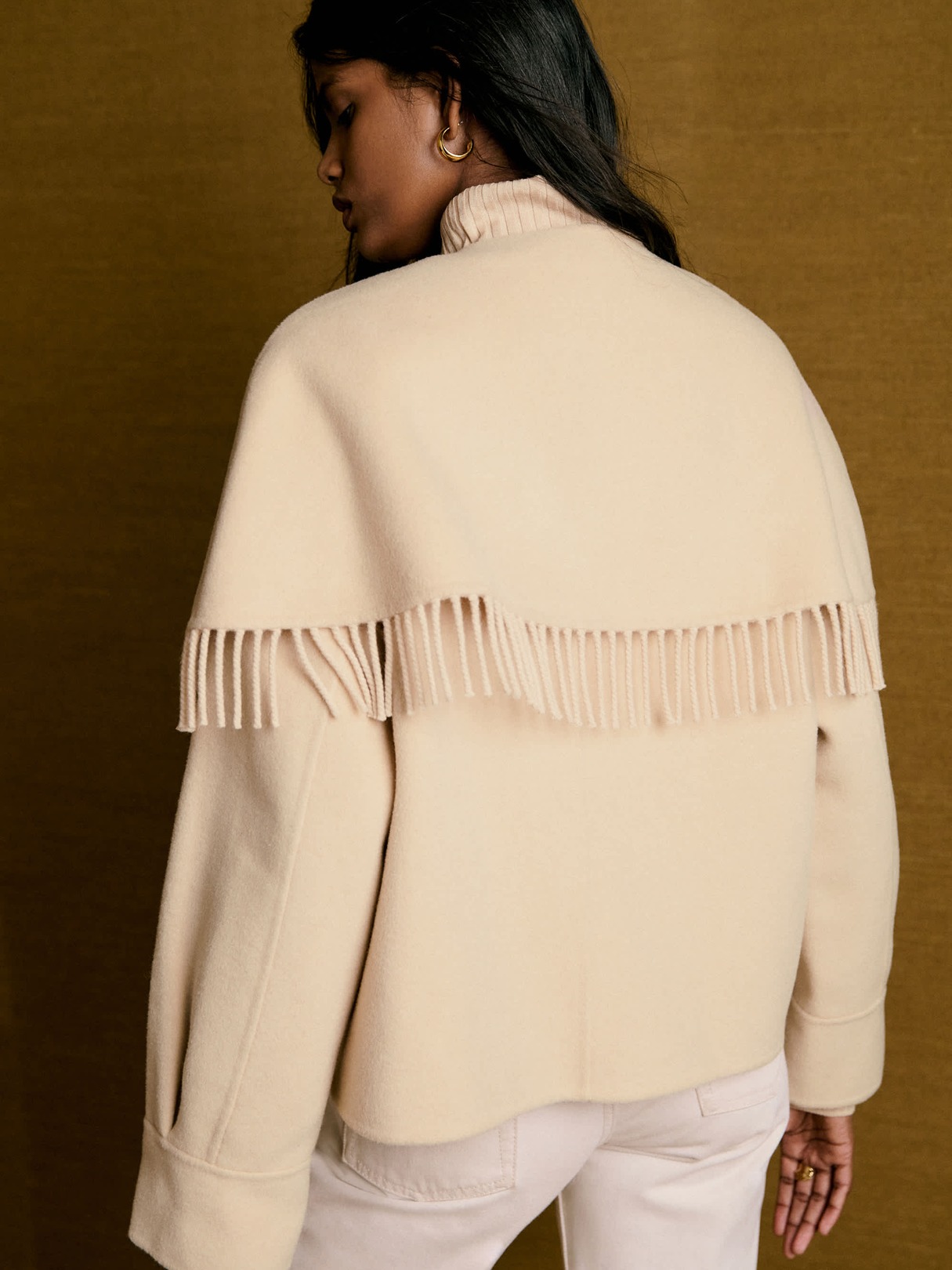 SAND FRINGED CAPE WOOL COAT
