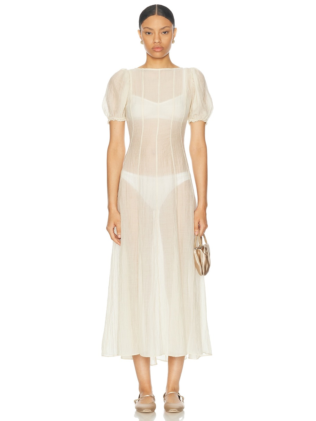 SHEER PUFF SLEEVE MIDI DRESS 