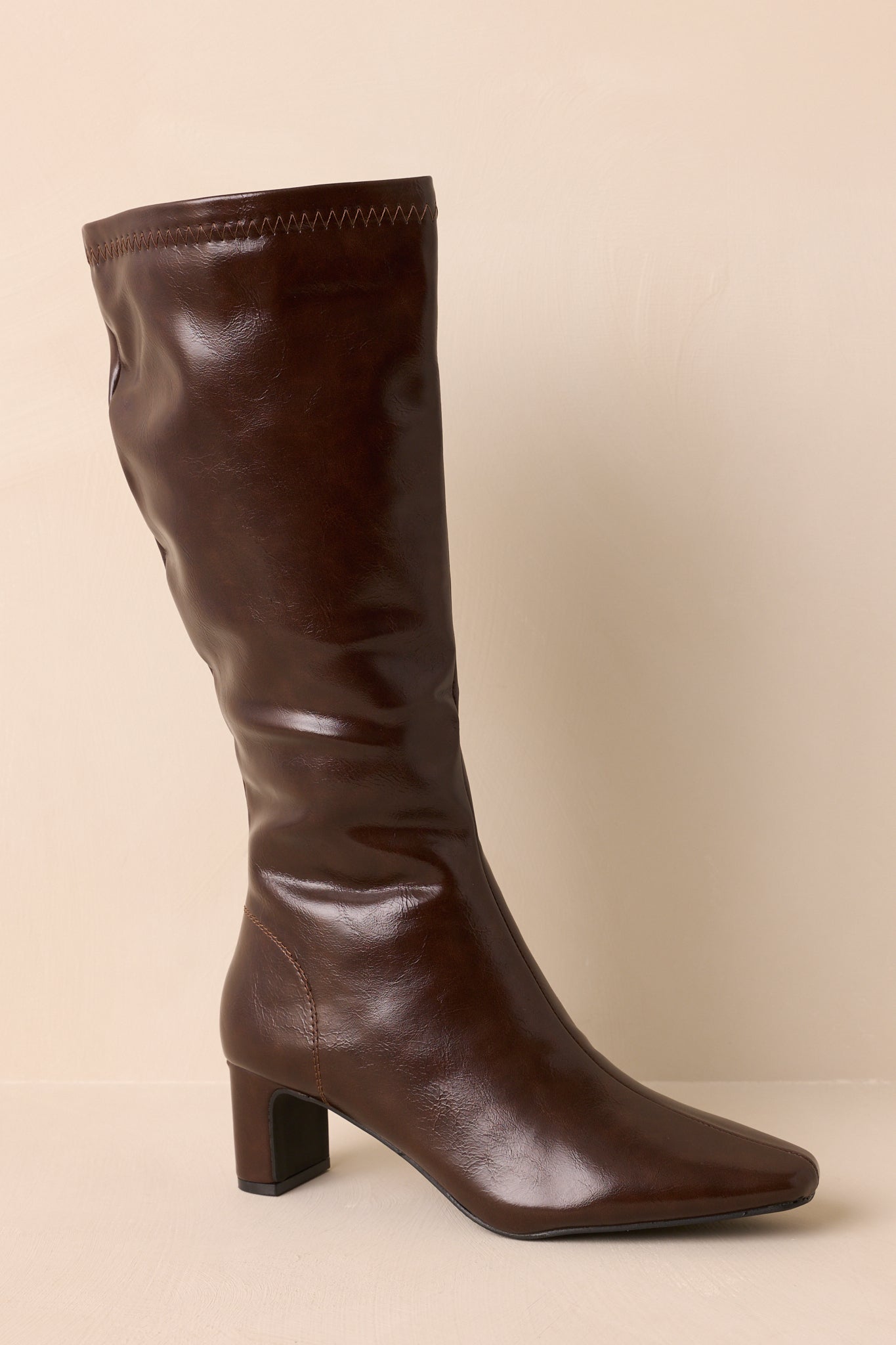 Set The Tone Chocolate Brown Faux Leather Knee High Block Heel Boots