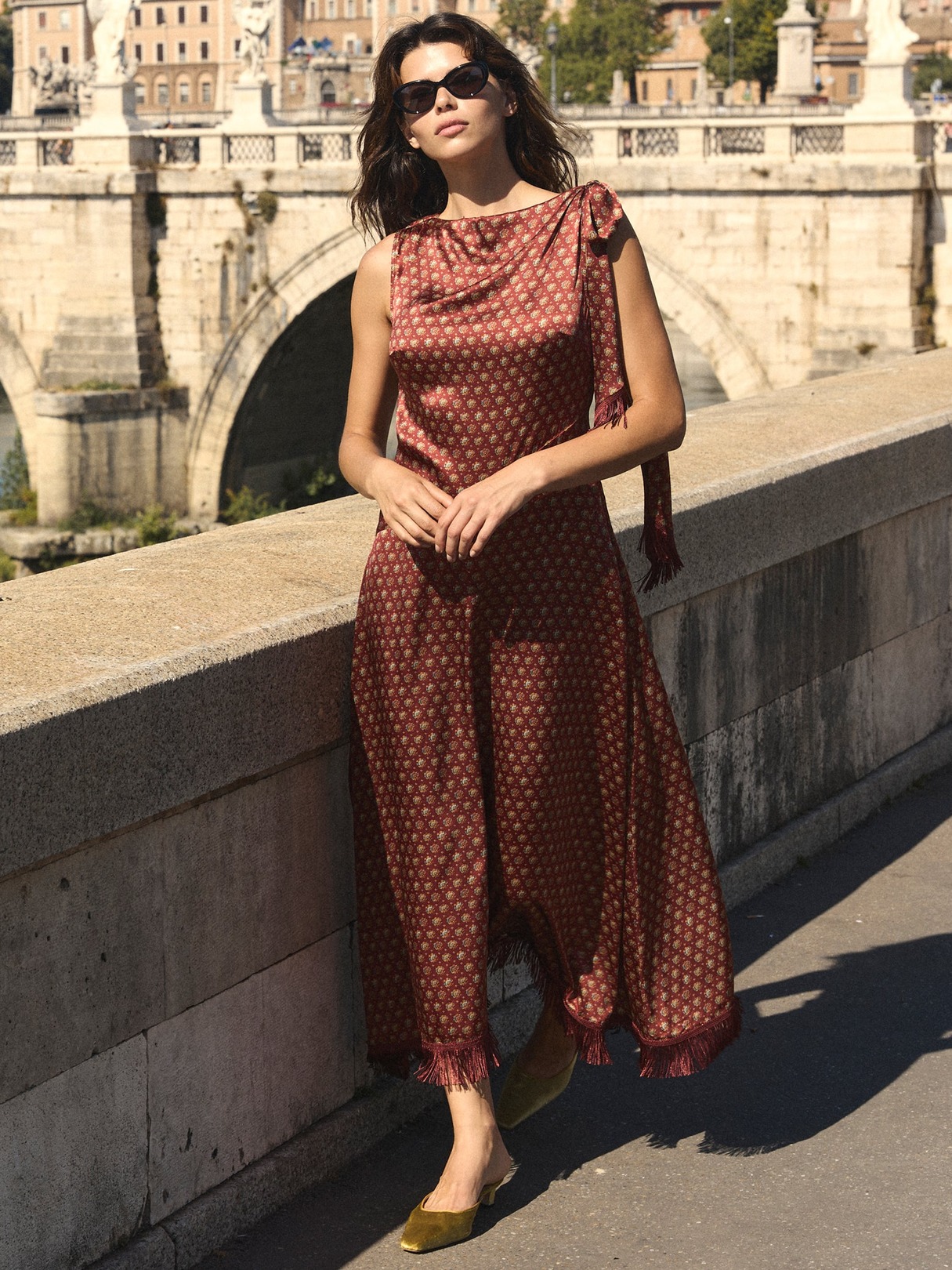 PRINTED SILK FRINGE TIE MAXI DRESS