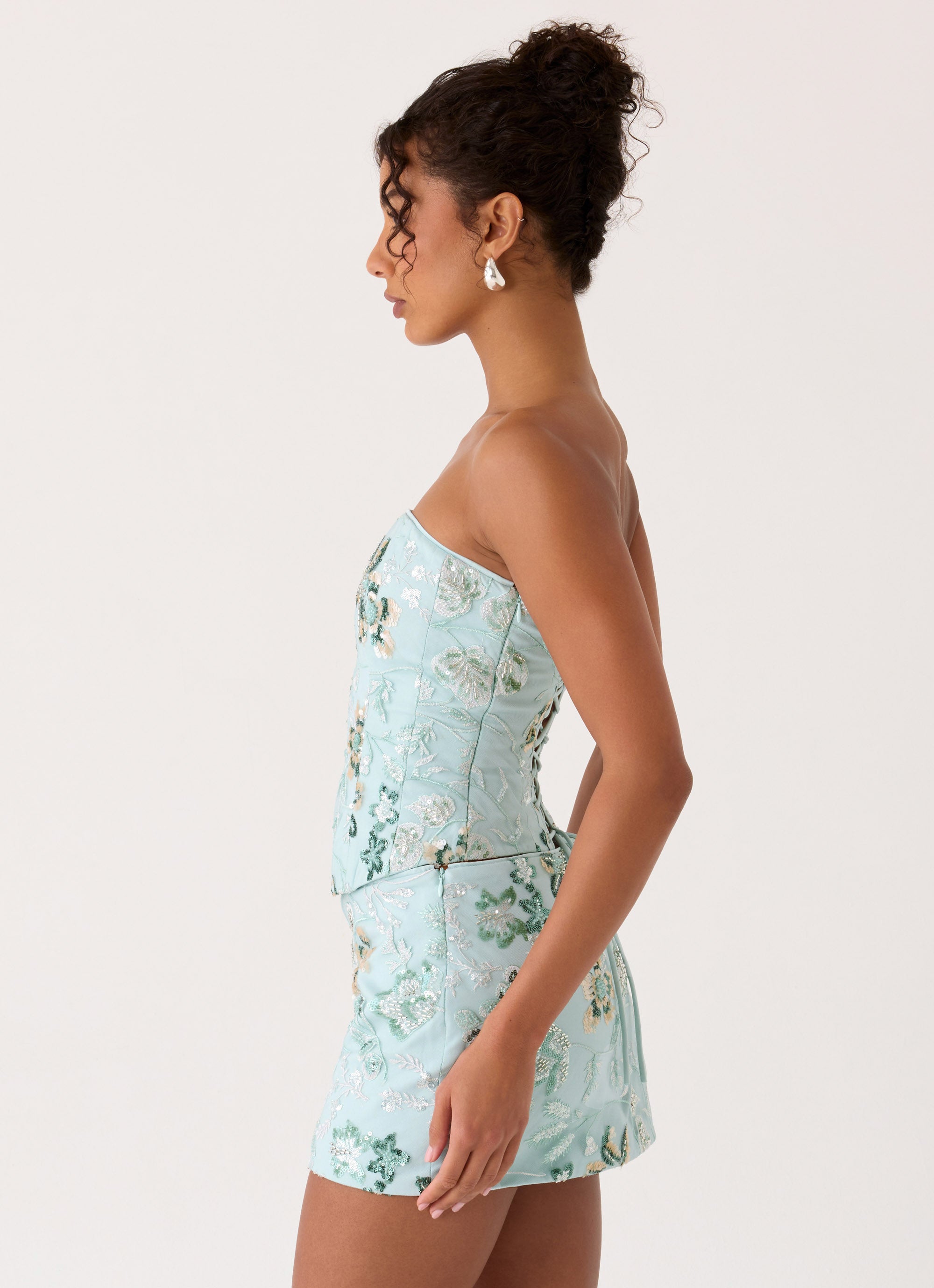 Mint Green Beaded Floral Two-Piece Mini Skirt Set