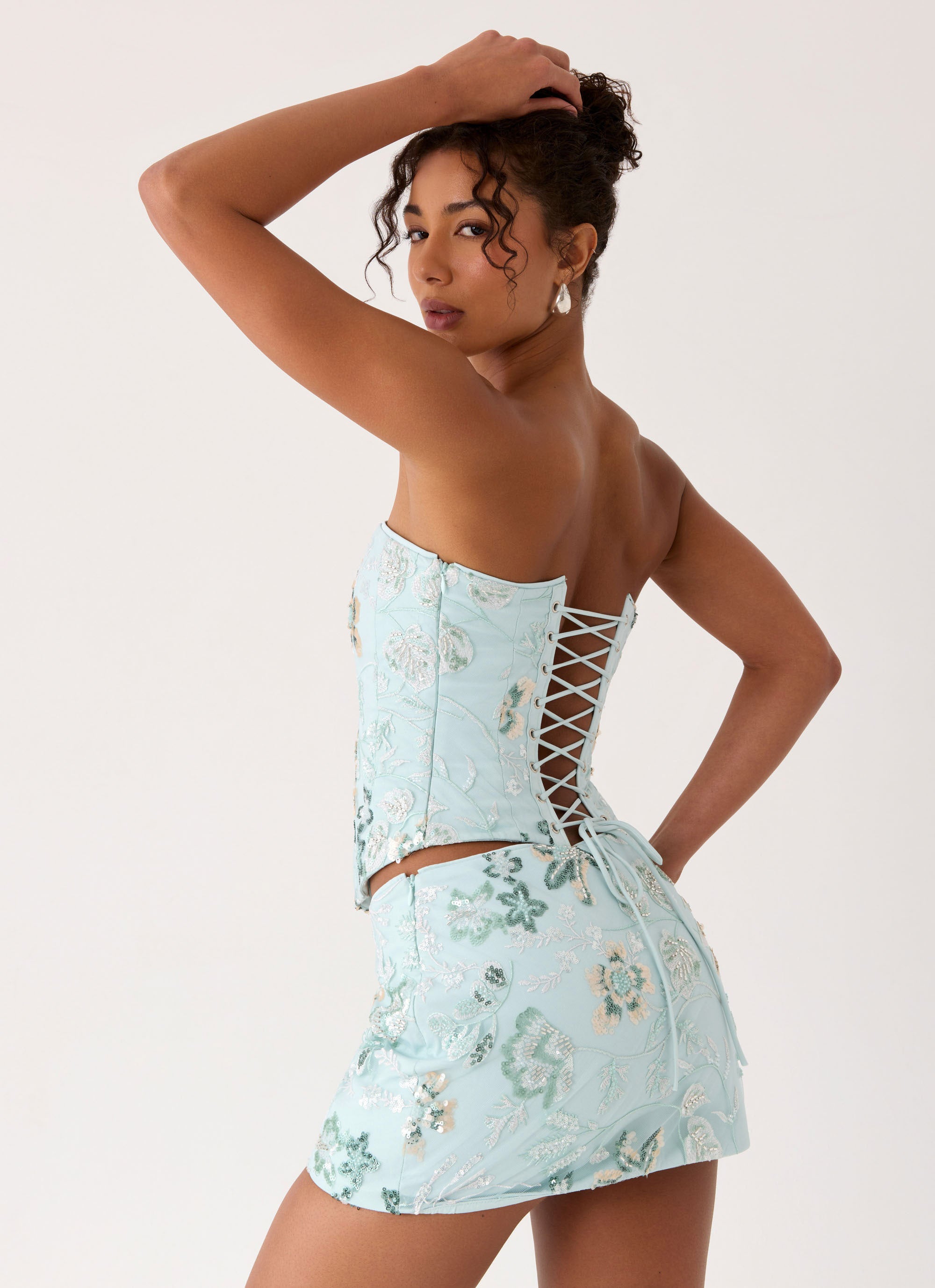 Mint Green Beaded Floral Two-Piece Mini Skirt Set