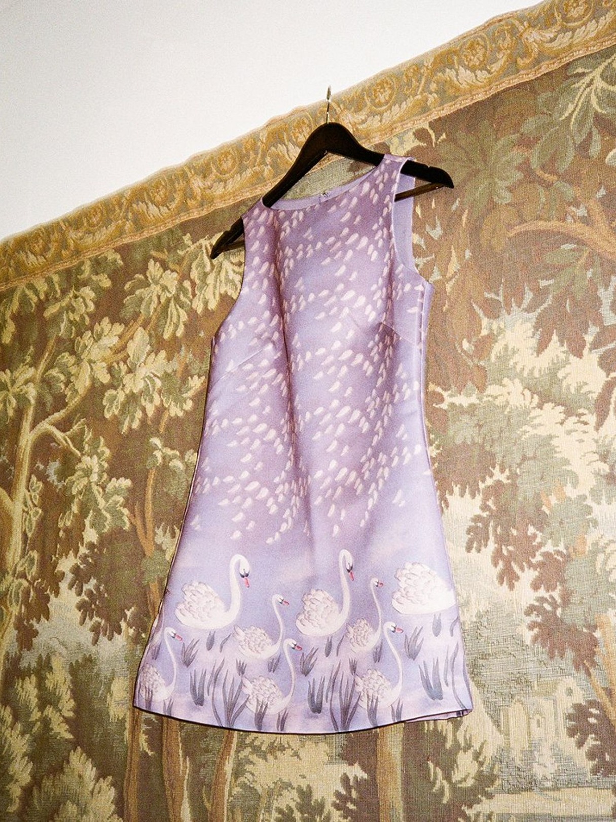 SWAN PRINT SATIN A-LINE MINI DRESS