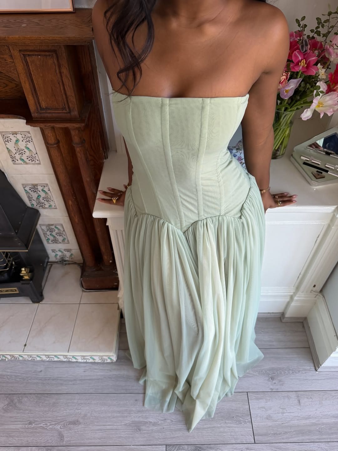 Green Off Shoulder Pleated Maxi Dress