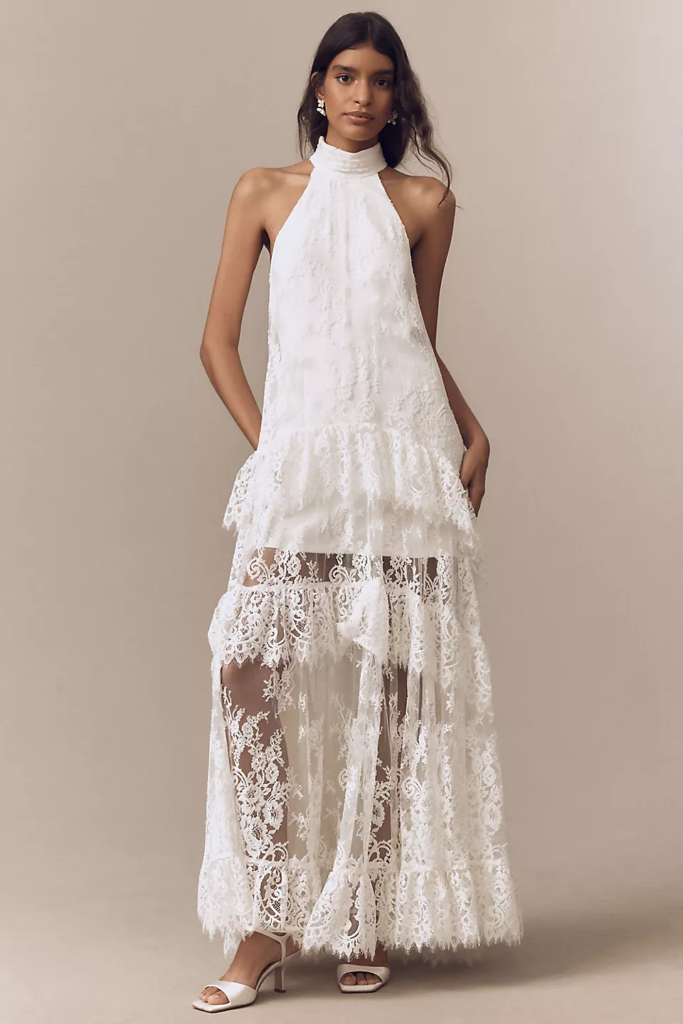 BHLDN Lace Halter Ruffle Peekaboo Maxi Dress