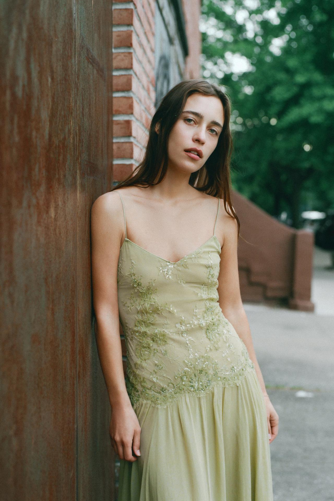 Sage Lace Embroidery Sheer Mesh Flowy Chiffon Midi Dress
