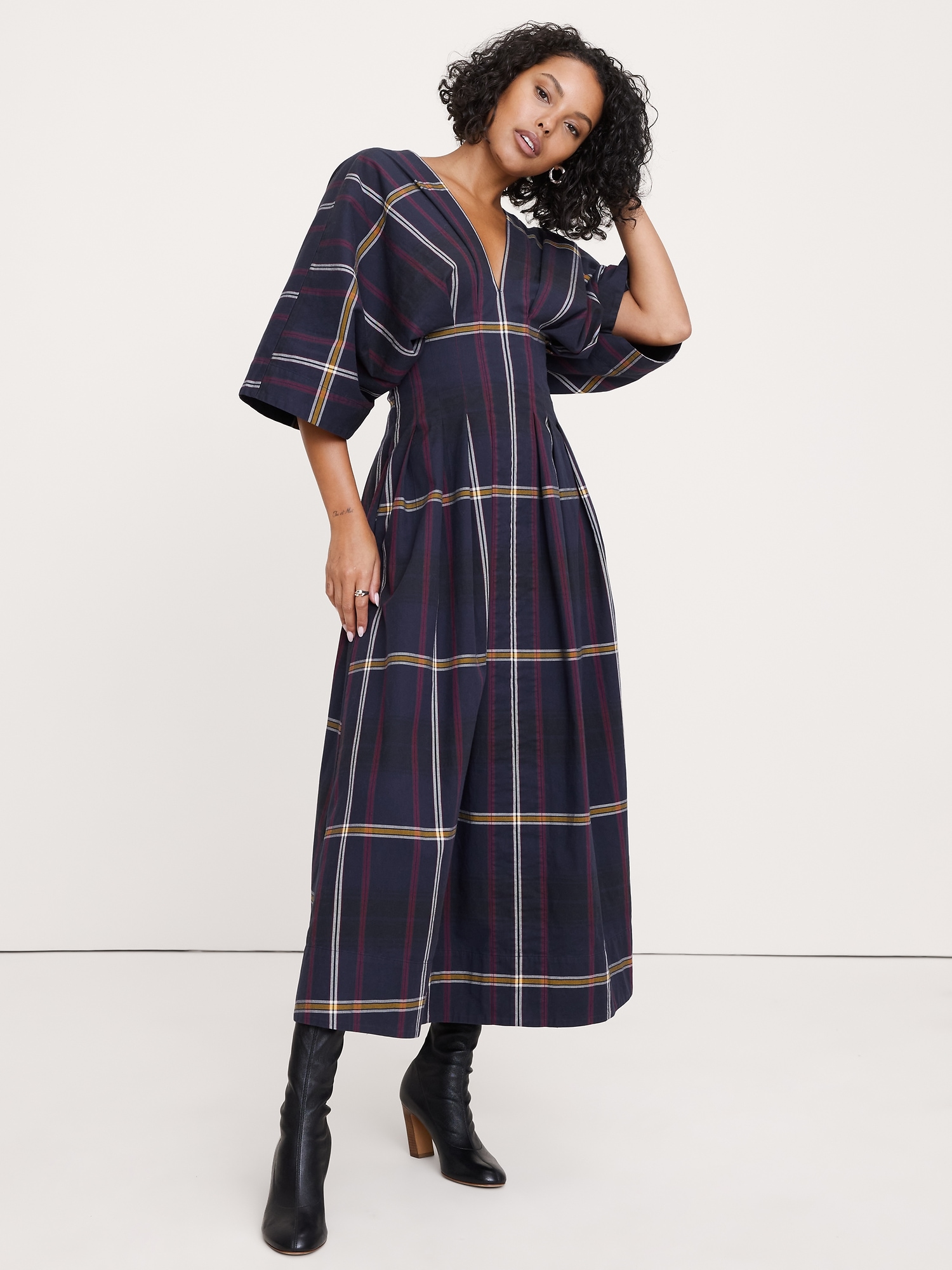 Plaid Pleated Cotton Maxi Dress