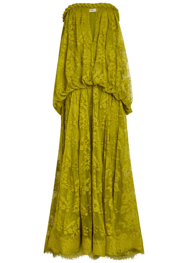 Olive Green Strapless Lace Maxi Dress