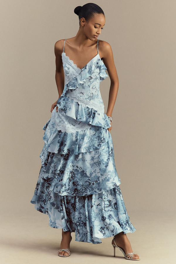 Blue Floral Lace Trim Tiered Ruffle Satin Spaghetti Strap Midi Dress