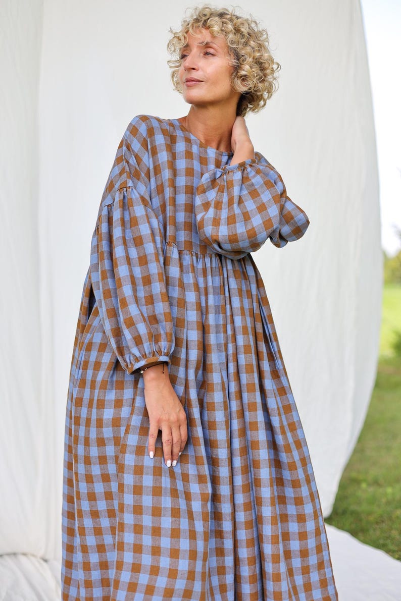 Blue & Brown Gingham Oversized Linen-Blend Midi Dress