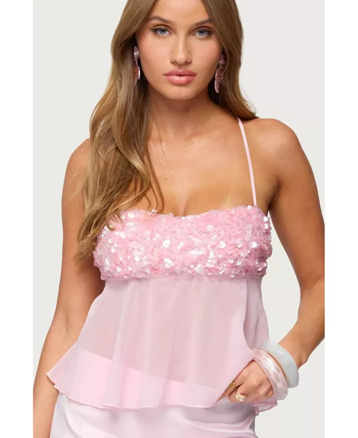 Pink Sequin Halter Peplum Top