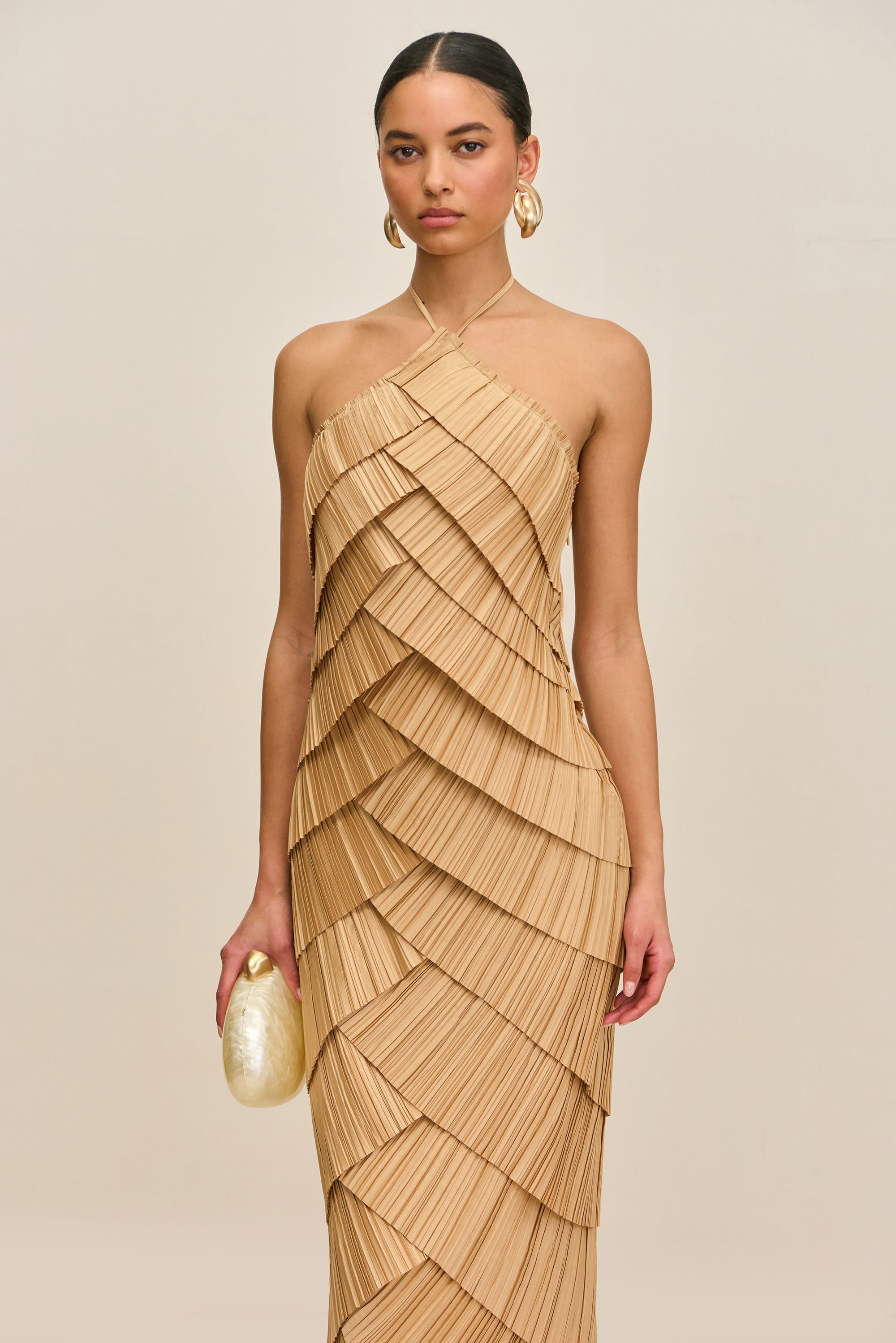 Sky Blue Pleated Halter Midi Dress