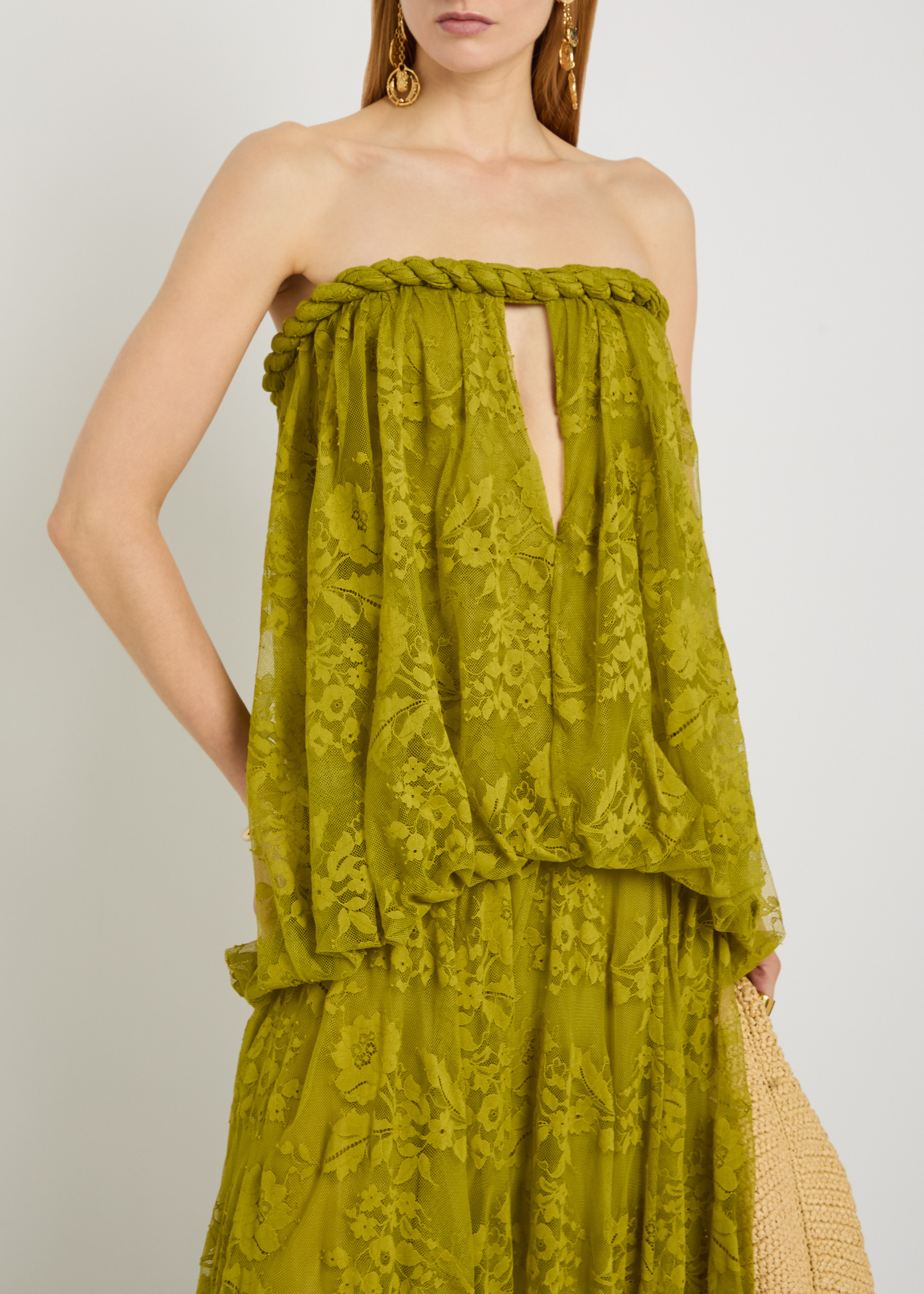 Olive Green Strapless Lace Maxi Dress
