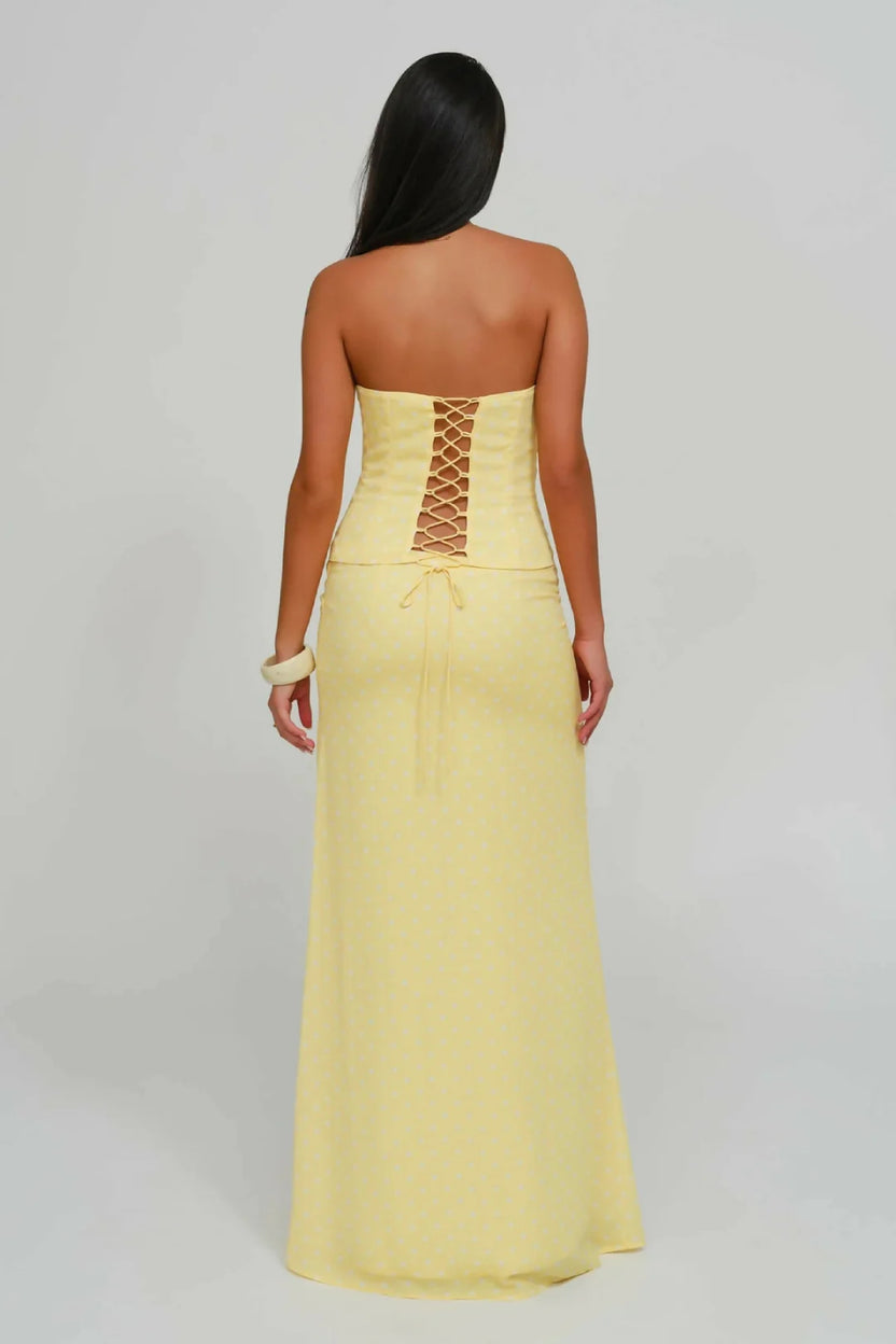 Lemon Yellow Polka Dot Strapless Two-Piece Maxi Set