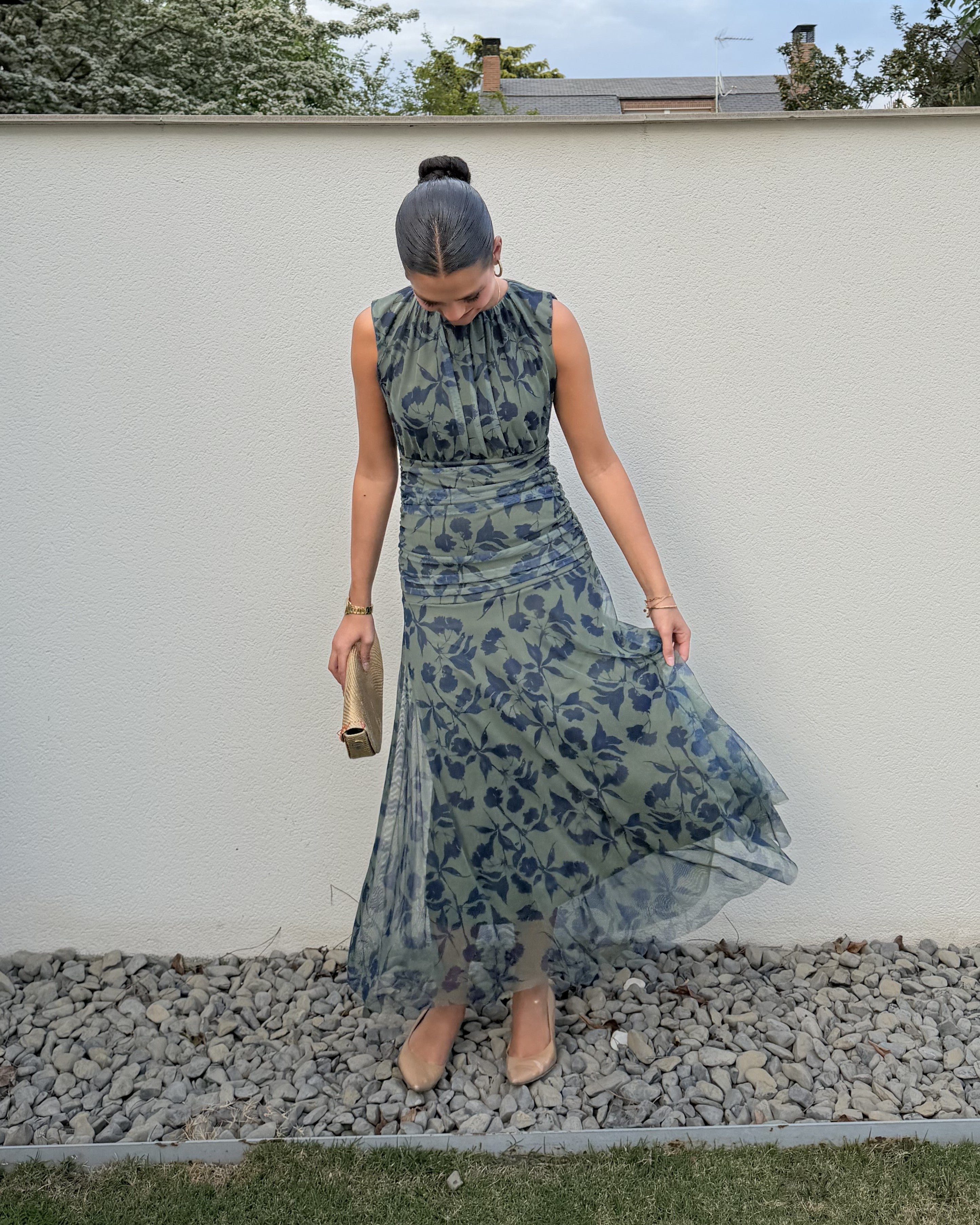  Floral Ruched Mesh Midi Dress 