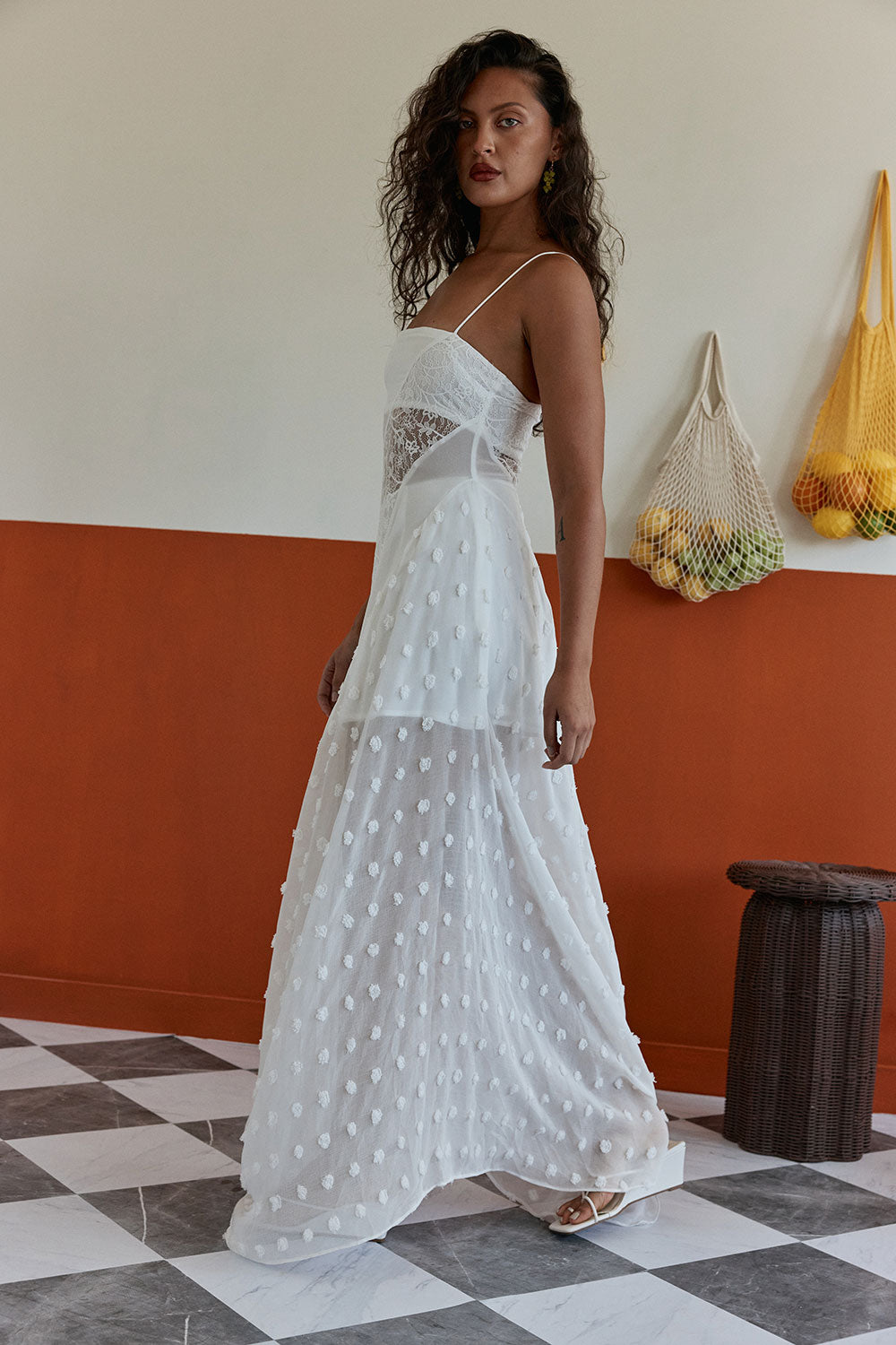 White Patchwork Lace & Chiffon Maxi Dress