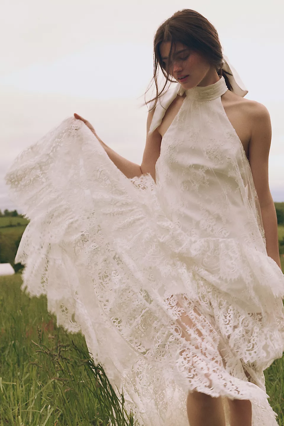 BHLDN Lace Halter Ruffle Peekaboo Maxi Dress