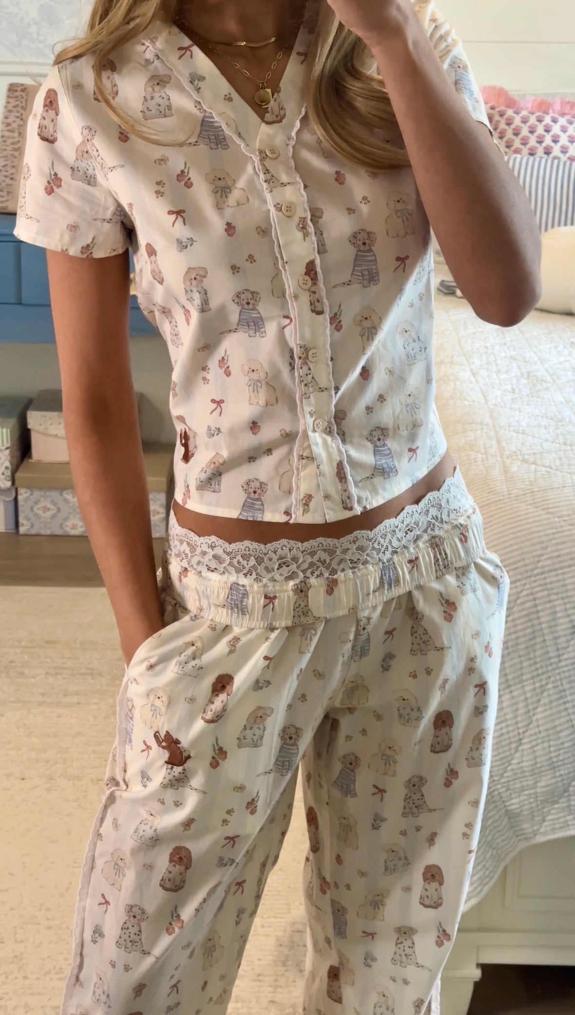Super Soft Pajamas with Waistband Turnover Exposing Lace
