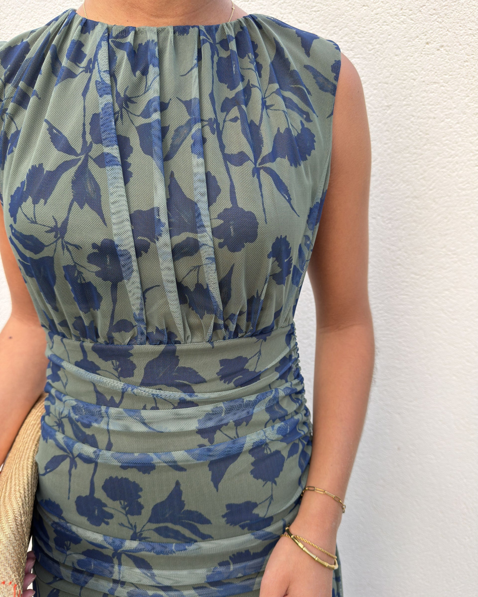  Floral Ruched Mesh Midi Dress 