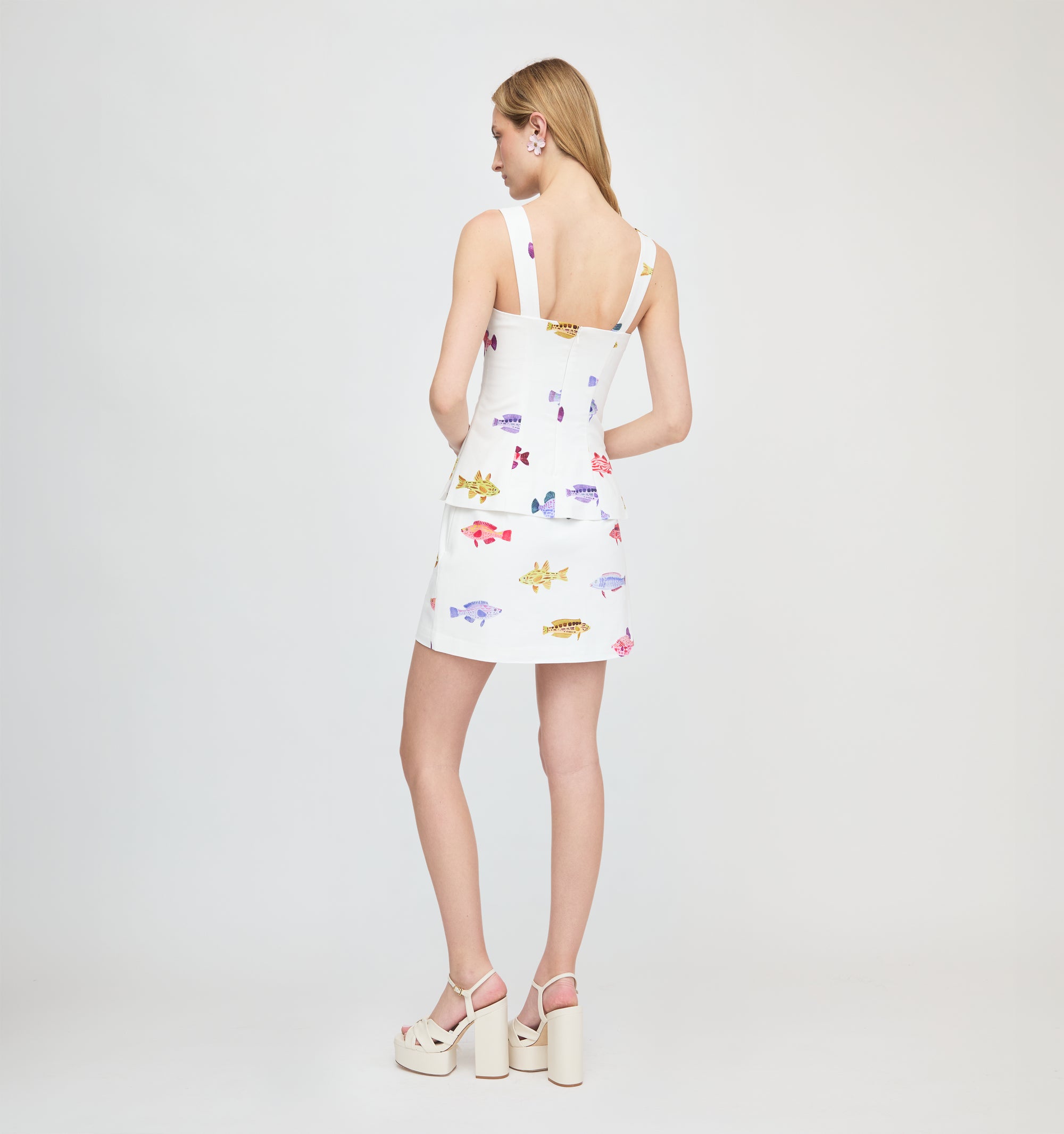Colorful Fish Print Square Neck Peplum Two Piece Mini Skirt Set