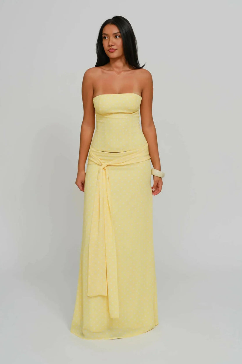 Lemon Yellow Polka Dot Strapless Two-Piece Maxi Set